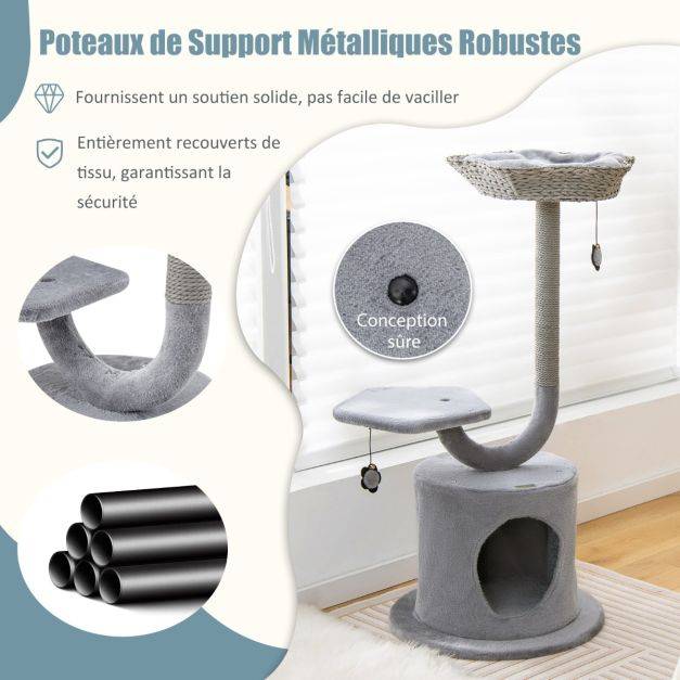 Helloshop26 - Arbre à chat 106 cm perchoir condo et 2 balles suspendues tour à chat poteaux de soutien en métal et coussin amovible gris - Imagen 2
