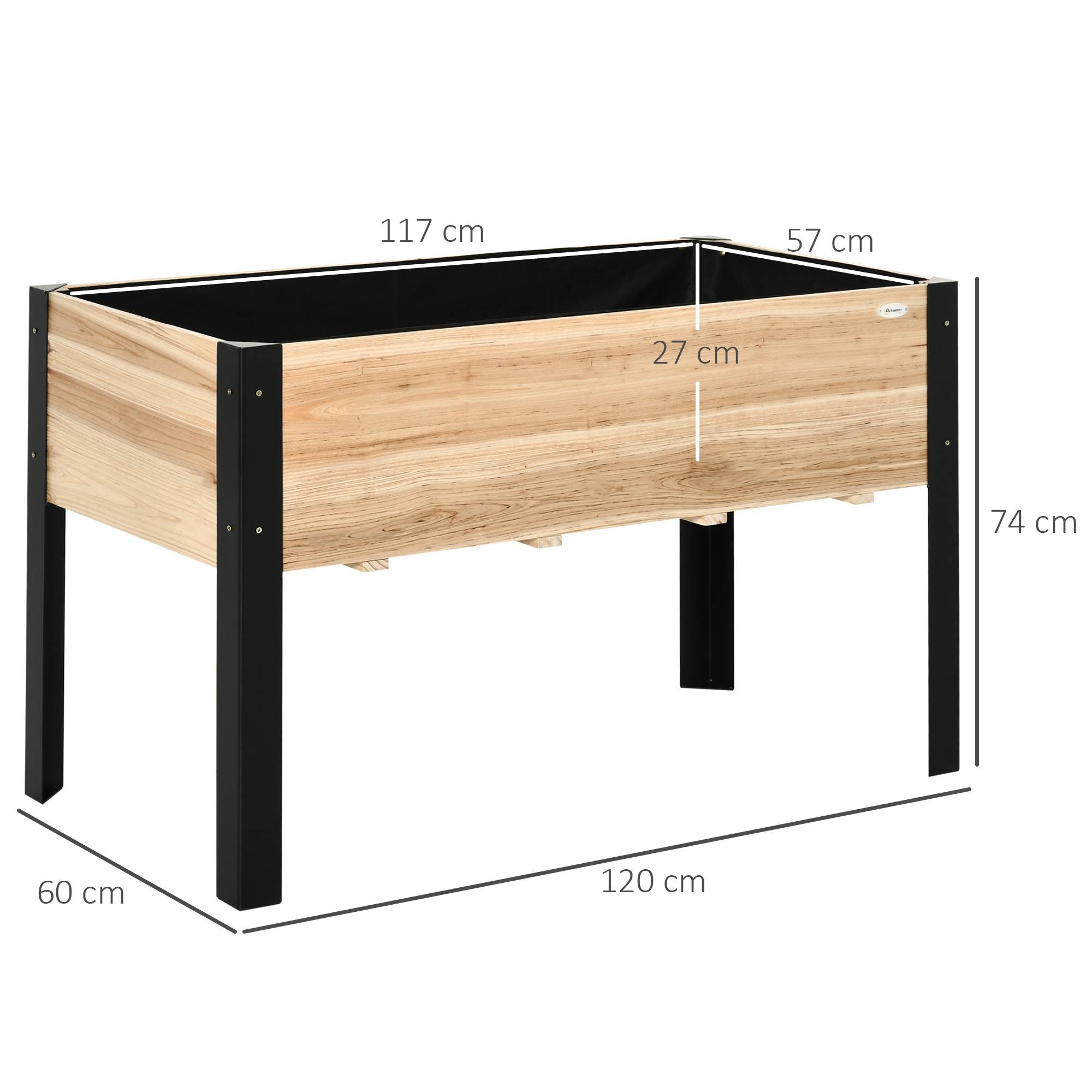 Jardinière surélevée, bac à fleurs, tissu non tissé, bois massif/acier, 120x60x74 cm, naturel+noir - Image 5