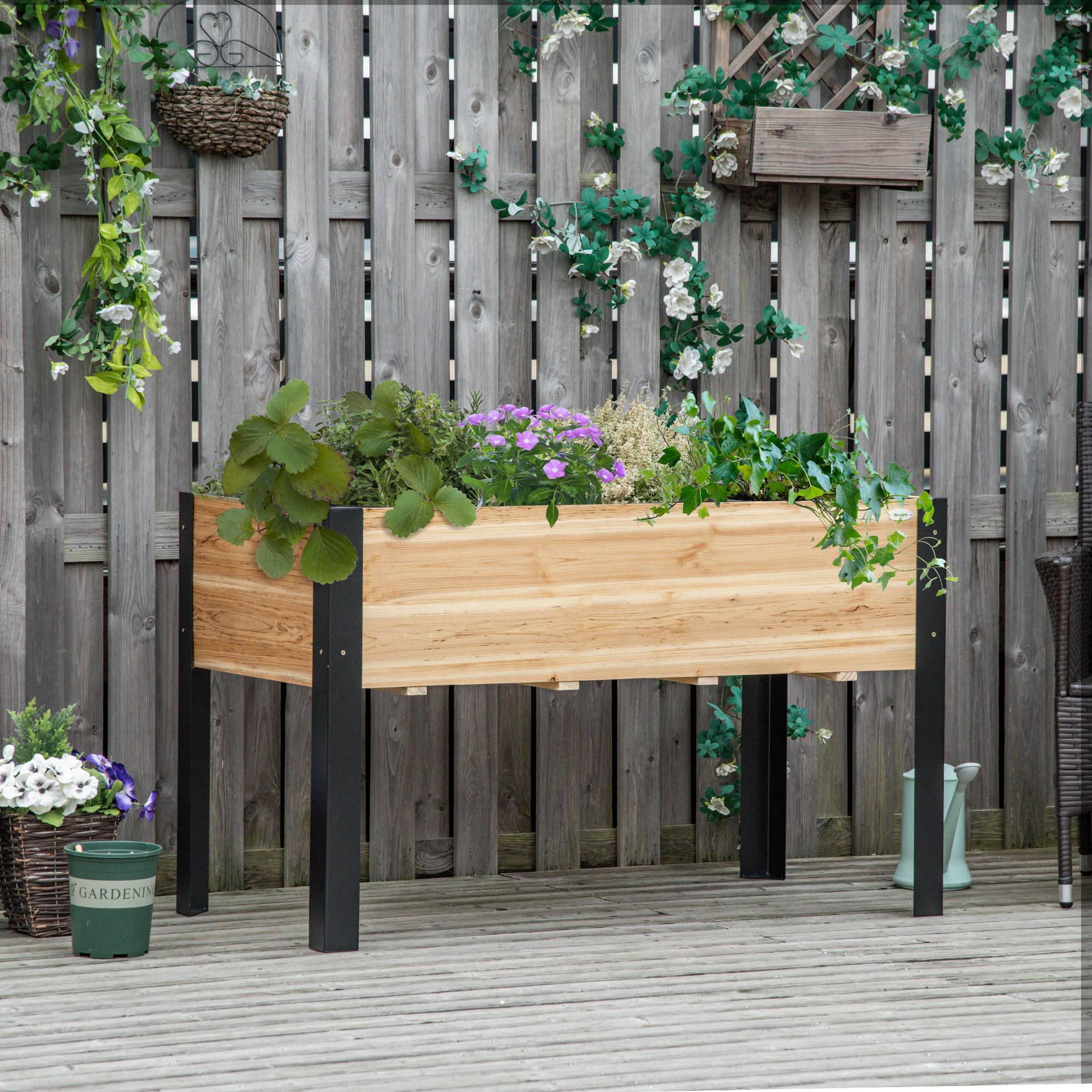 Jardinière surélevée, bac à fleurs, tissu non tissé, bois massif/acier, 120x60x74 cm, naturel+noir - Image 3