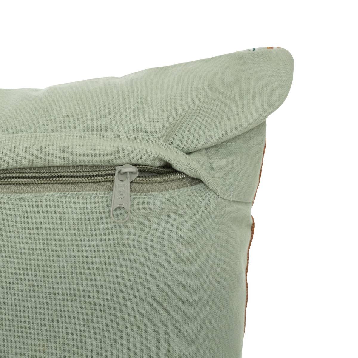 Coussin décoratif rayé Vert Céladon et Ocre motif Blanc brodé 40 x 40 cm - Imagen 3