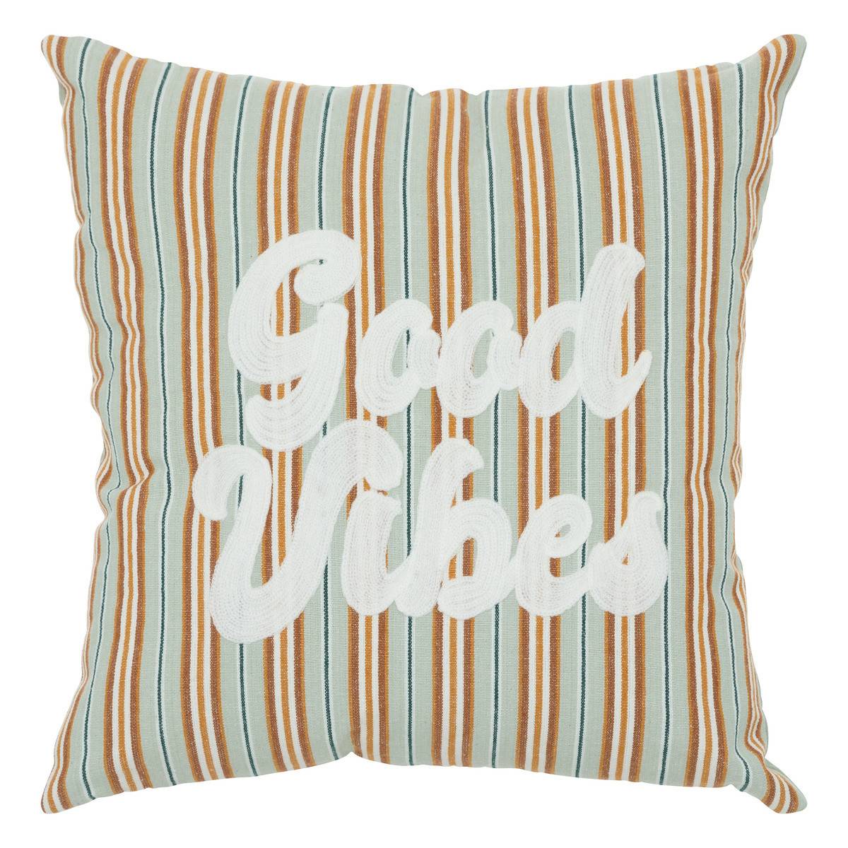 Coussin décoratif rayé Vert Céladon et Ocre motif Blanc brodé 40 x 40 cm - Imagen 1