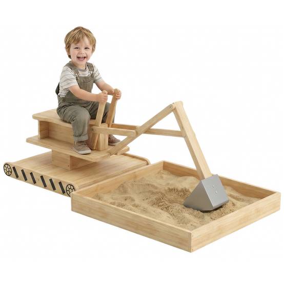 Bac à sable en bois naturel pelleteuse siège 360° et doublure 184 × 90 × 56 cm jeu extérieur - Image 1