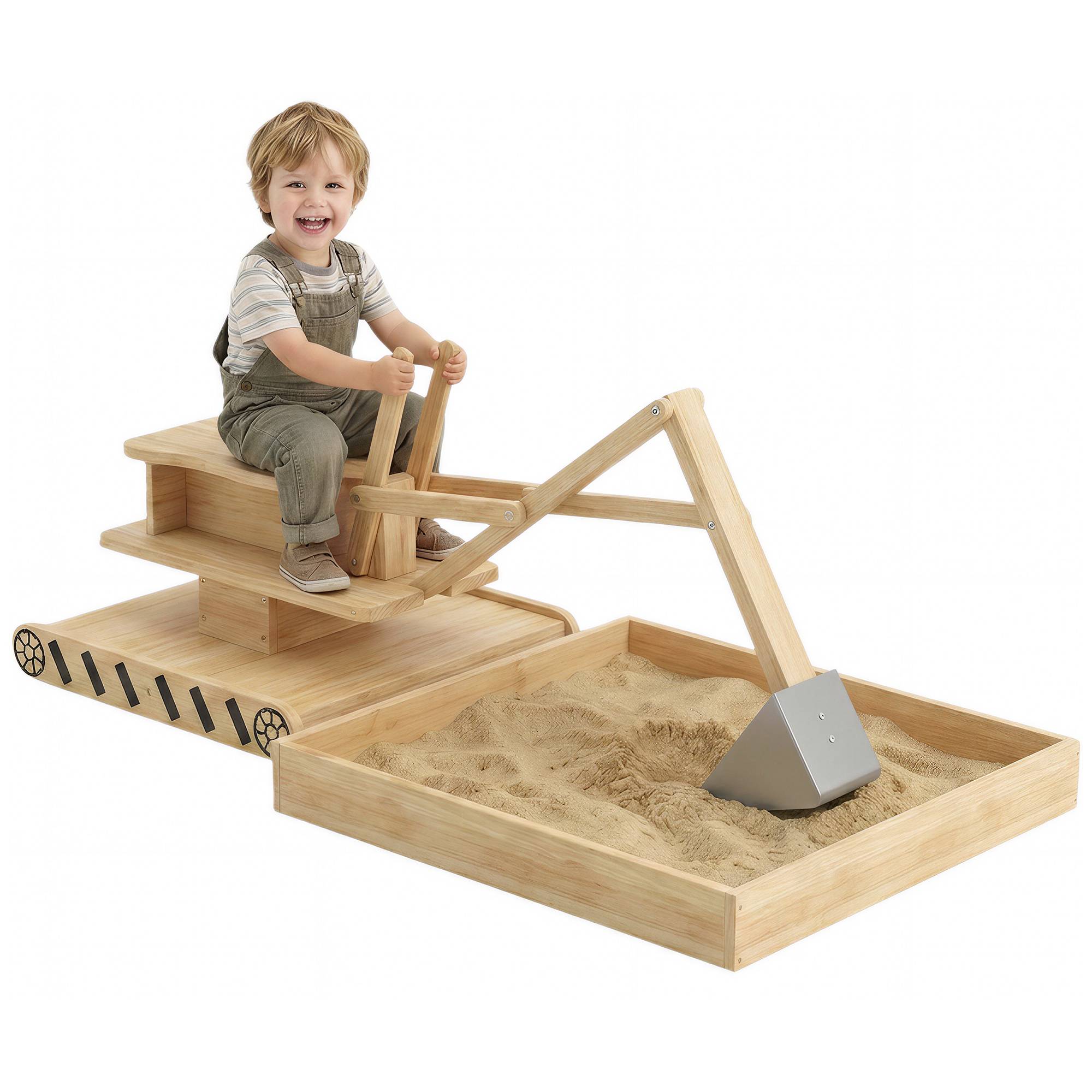 Bac à sable en bois naturel pelleteuse siège 360° et doublure 184 × 90 × 56 cm jeu extérieur