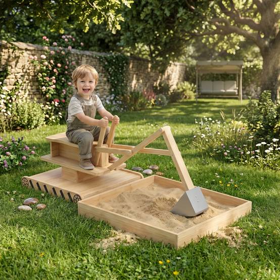 Bac à sable en bois naturel pelleteuse siège 360° et doublure 184 × 90 × 56 cm jeu extérieur - Image 3