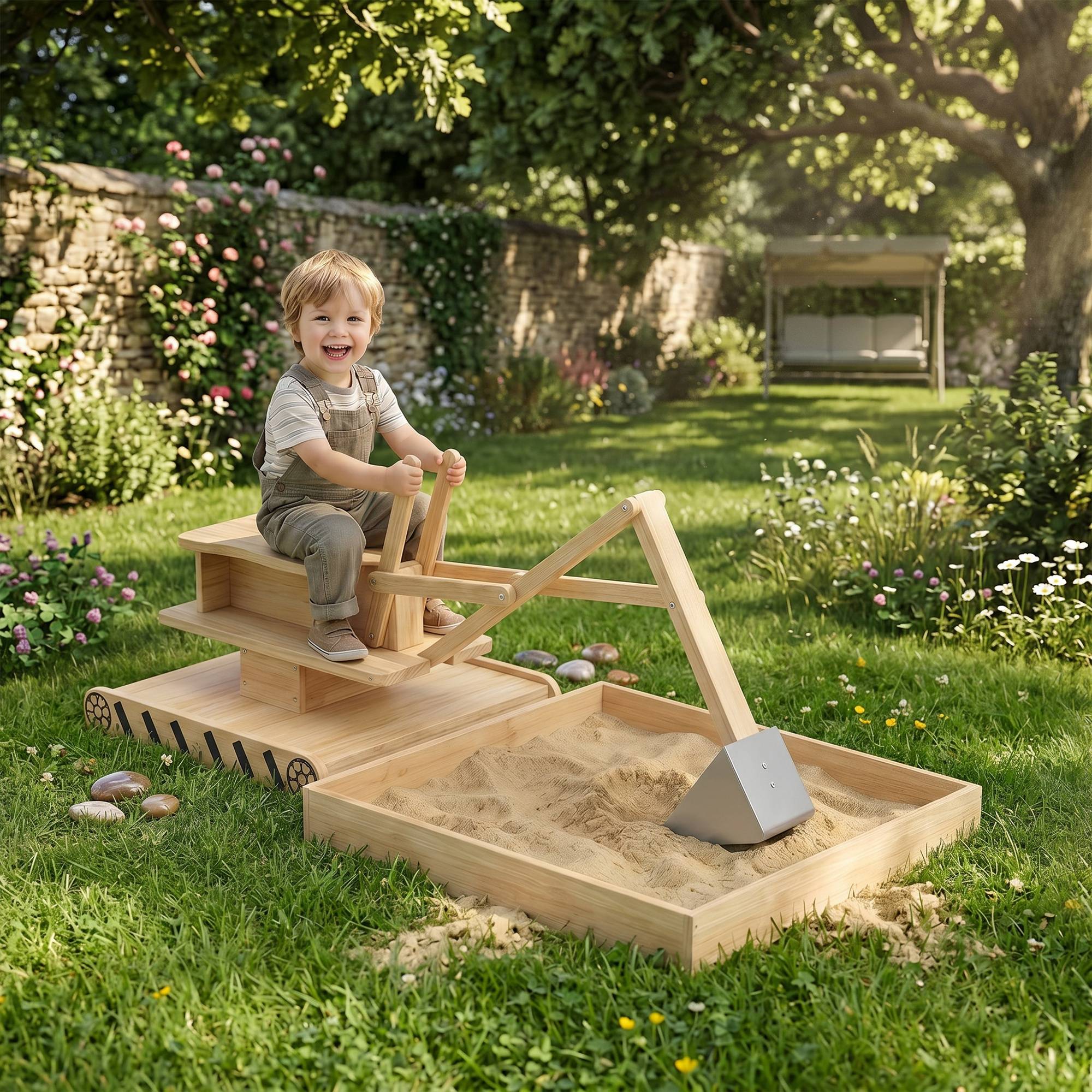 Bac à sable en bois naturel pelleteuse siège 360° et doublure 184 × 90 × 56 cm jeu extérieur - Image 3