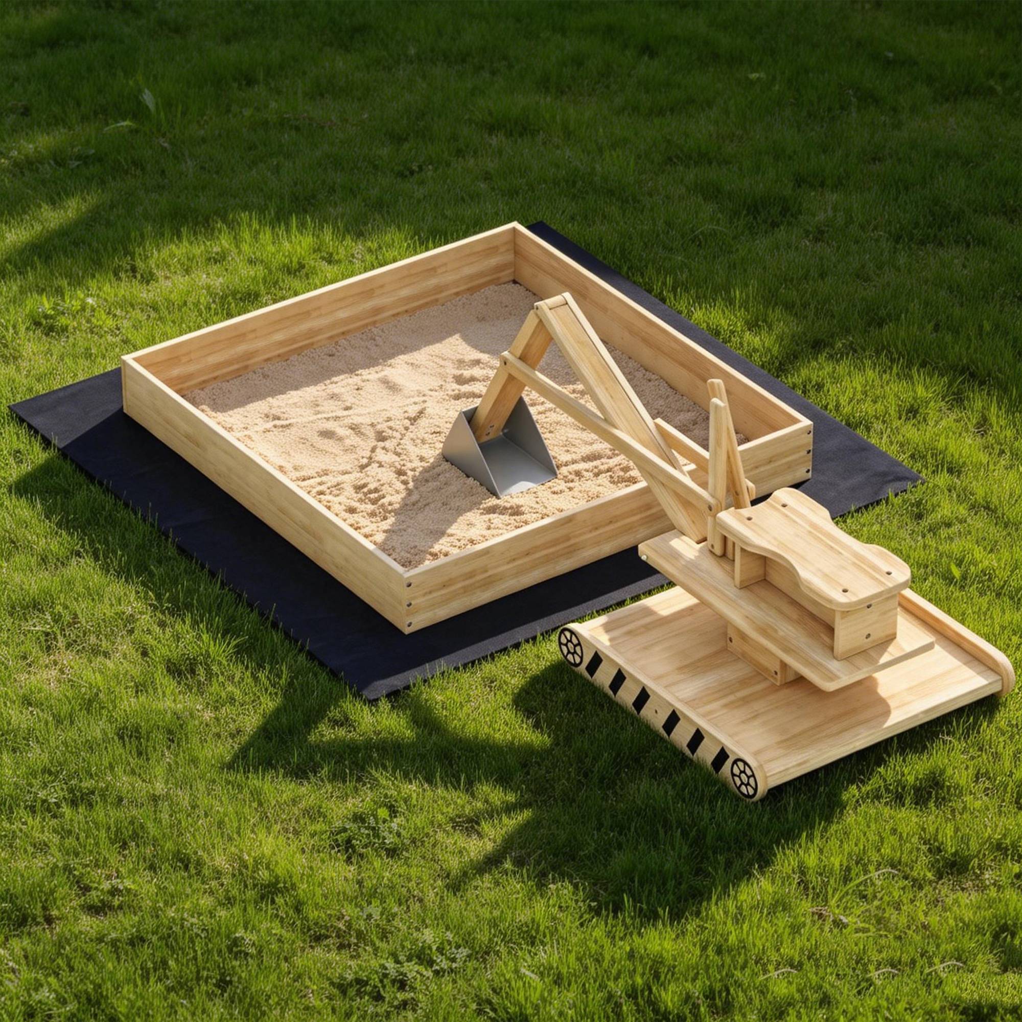 Bac à sable en bois naturel pelleteuse siège 360° et doublure 184 × 90 × 56 cm jeu extérieur - Image 4