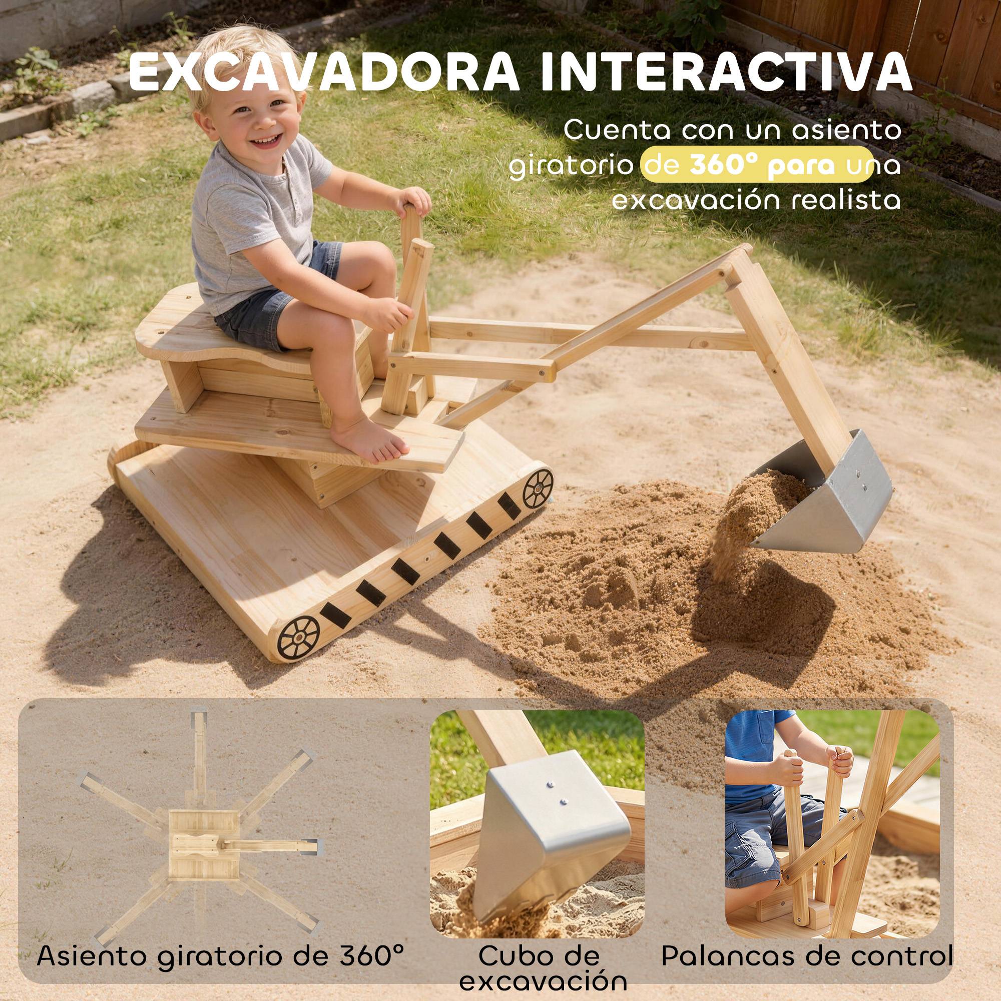 Bac à sable en bois naturel pelleteuse siège 360° et doublure 184 × 90 × 56 cm jeu extérieur - Image 7