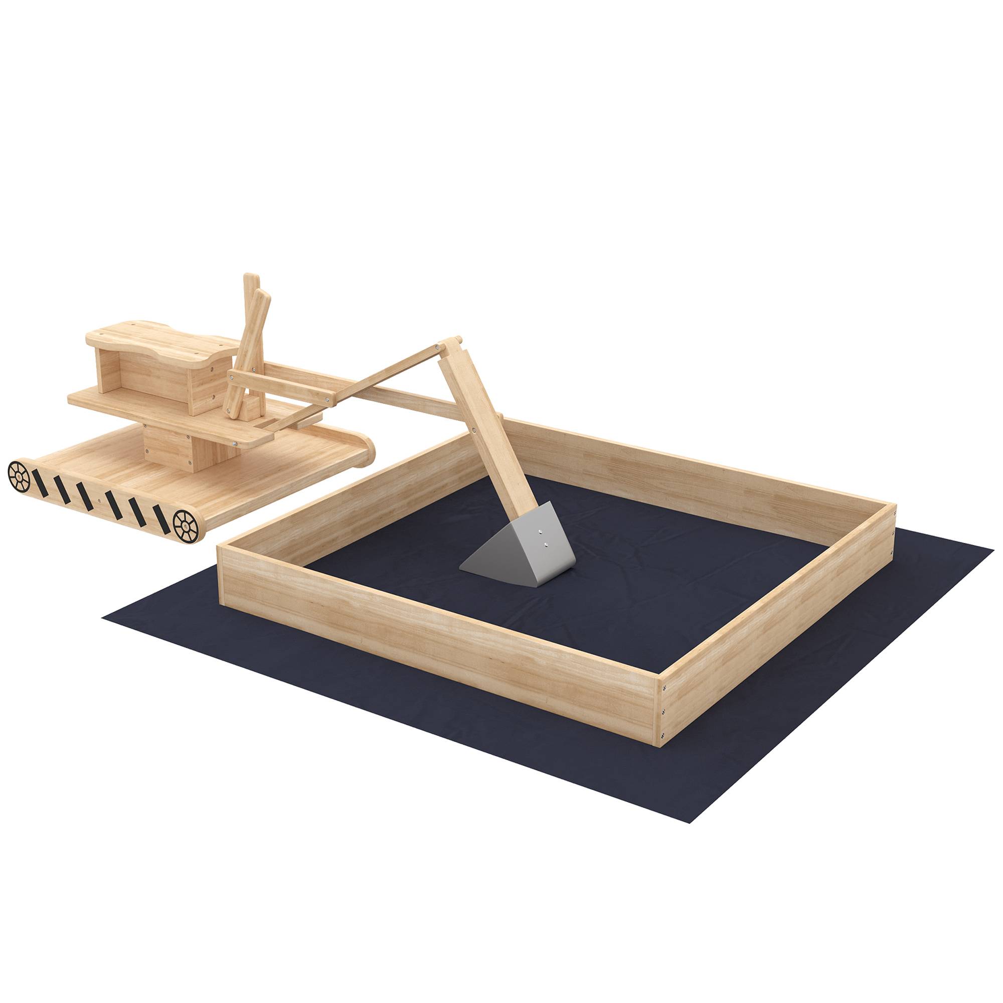 Bac à sable en bois naturel pelleteuse siège 360° et doublure 184 × 90 × 56 cm jeu extérieur - Image 2