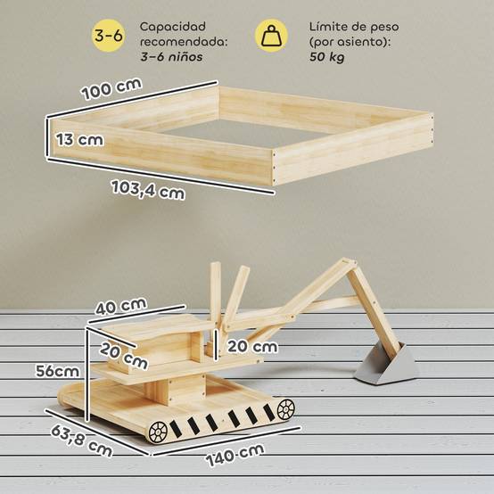 Bac à sable en bois naturel pelleteuse siège 360° et doublure 184 × 90 × 56 cm jeu extérieur - Image 5