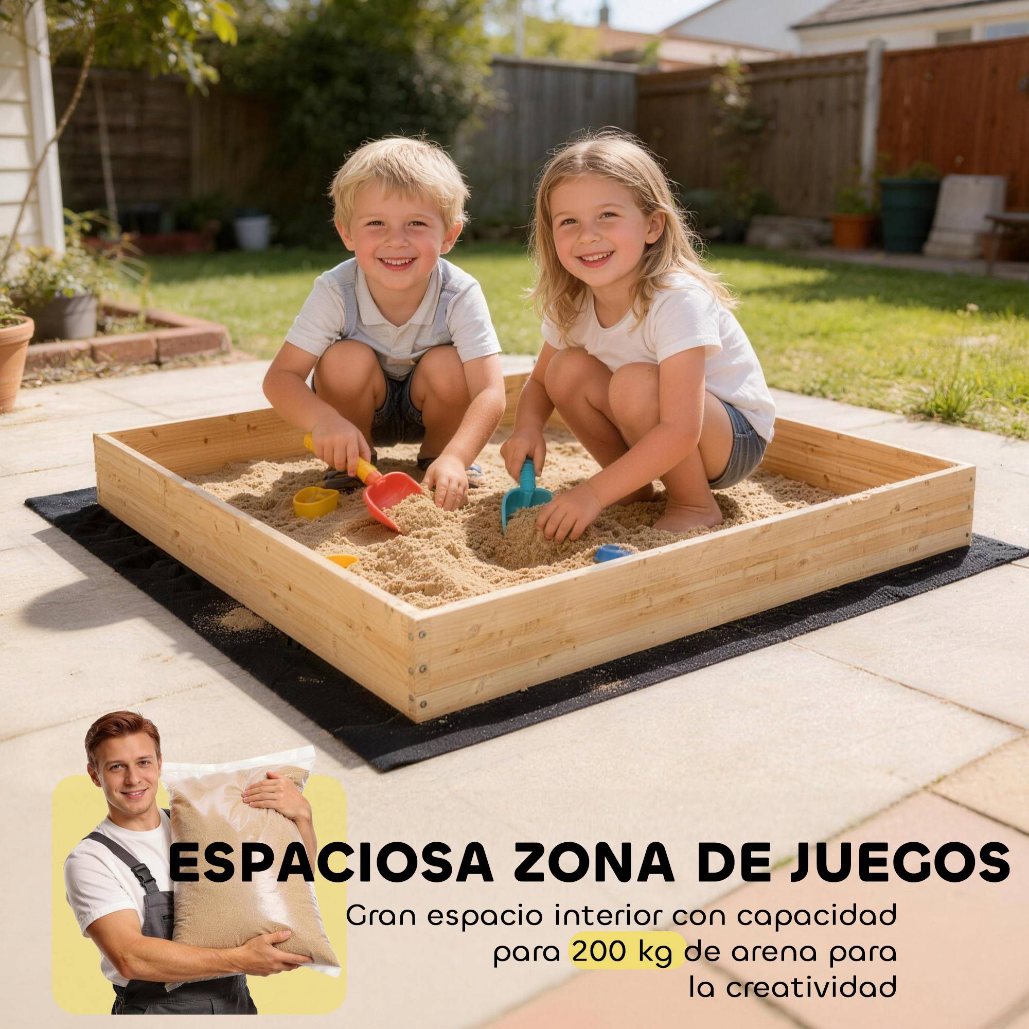 Bac à sable en bois naturel pelleteuse siège 360° et doublure 184 × 90 × 56 cm jeu extérieur - Image 9