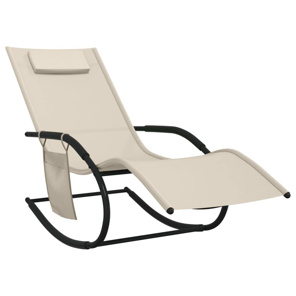 Helloshop26 - Transat chaise longue bain de soleil lit de jardin terrasse meuble d'extérieur 147 cm à bascule acier et textilène crème - Imagen 1