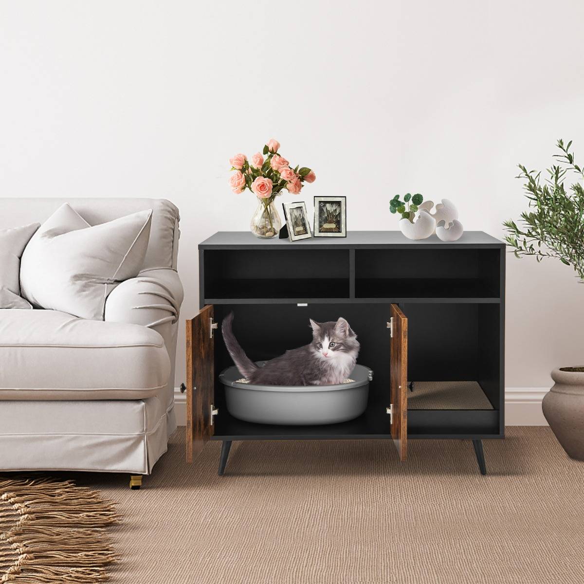 Maison de Toilette pour Chat Industriel avec Griffoir 90x50x70cm Meuble à Litière avec 2 portes Dispositif anti-basculement - Image 3