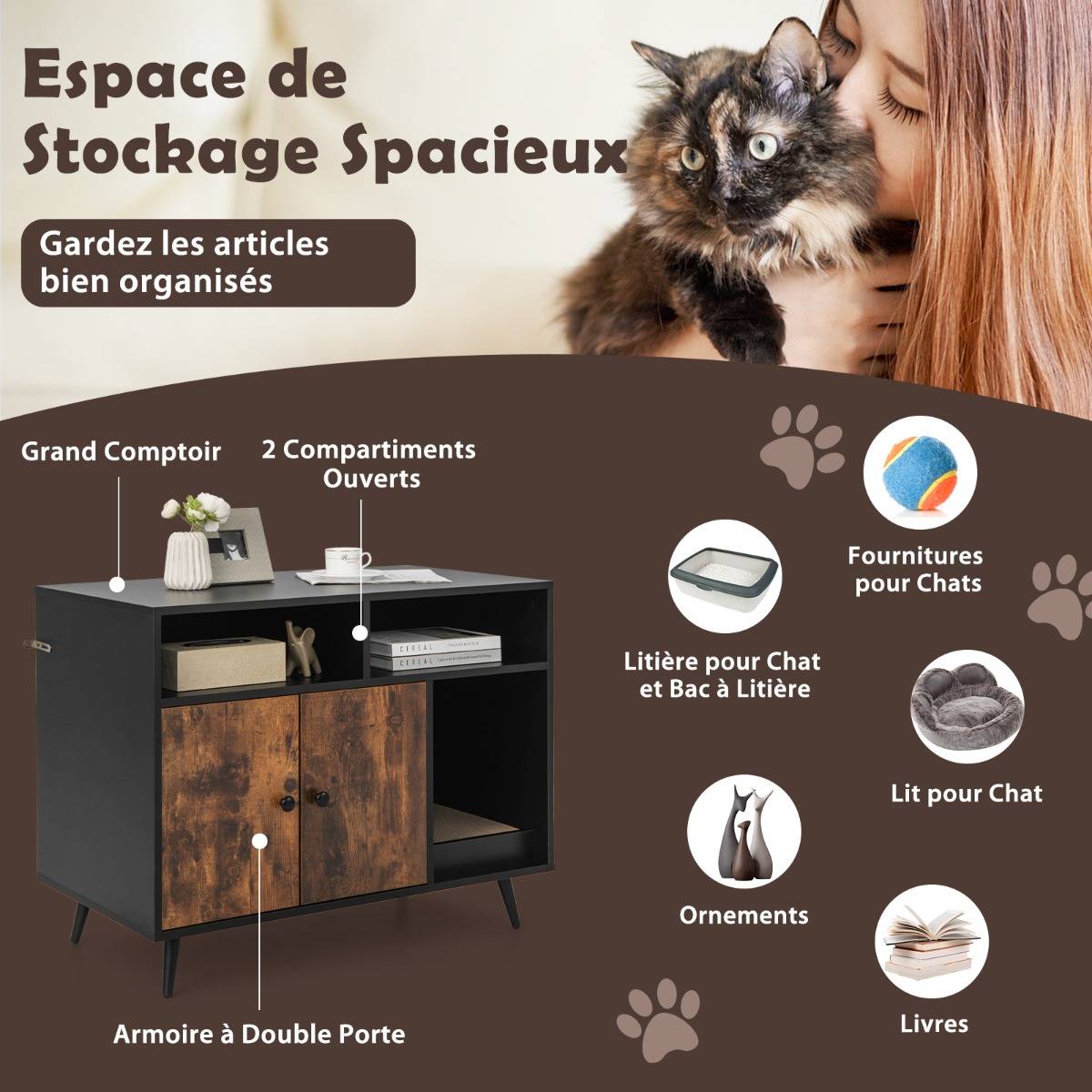 Maison de Toilette pour Chat Industriel avec Griffoir 90x50x70cm Meuble à Litière avec 2 portes Dispositif anti-basculement - Image 6