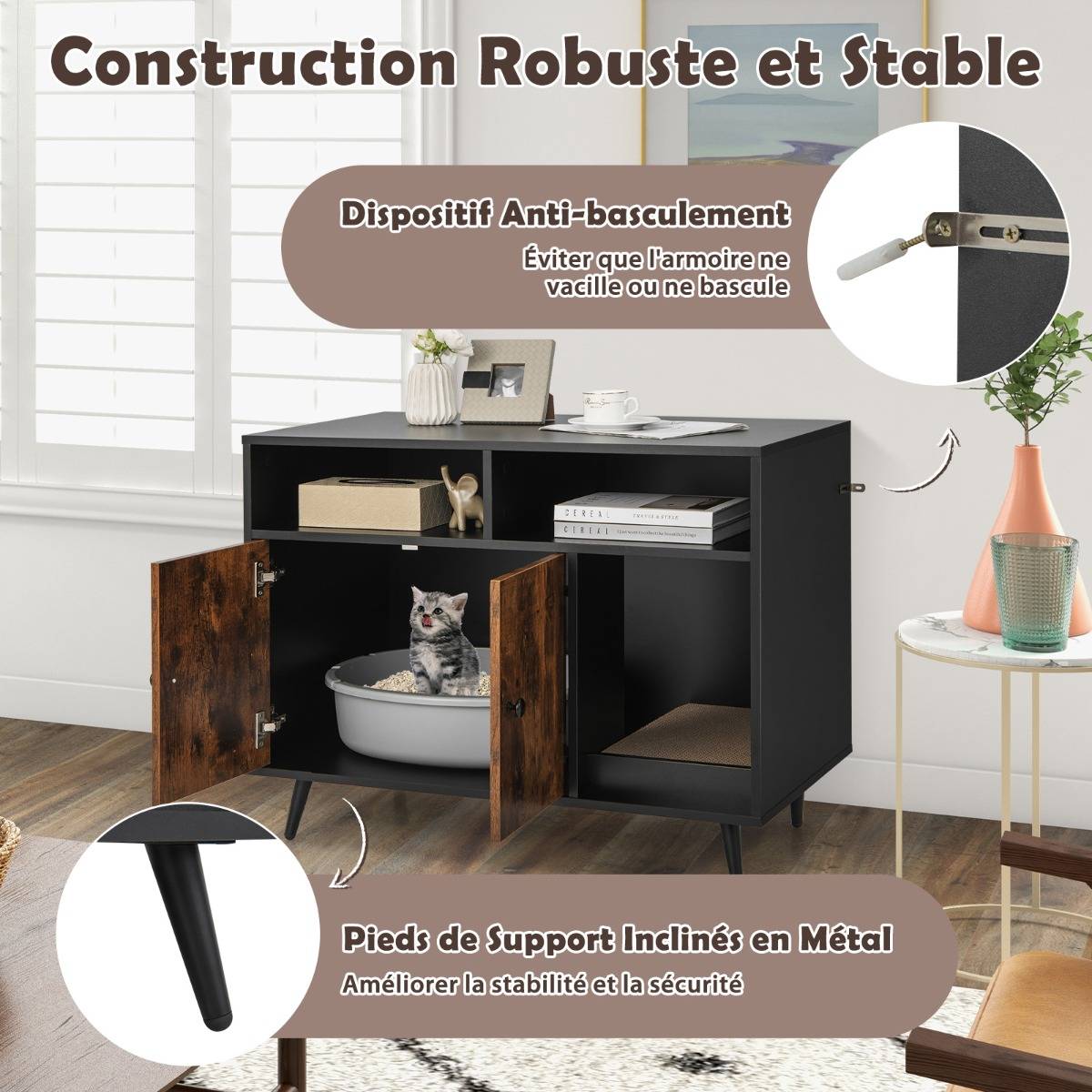Maison de Toilette pour Chat Industriel avec Griffoir 90x50x70cm Meuble à Litière avec 2 portes Dispositif anti-basculement - Image 9