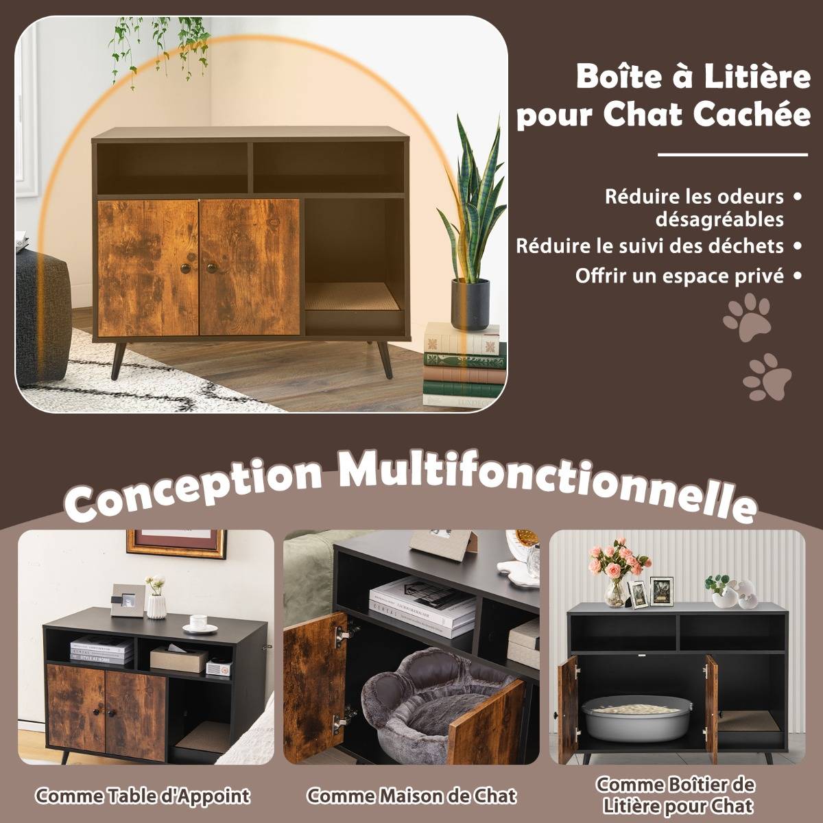 Maison de Toilette pour Chat Industriel avec Griffoir 90x50x70cm Meuble à Litière avec 2 portes Dispositif anti-basculement - Image 8