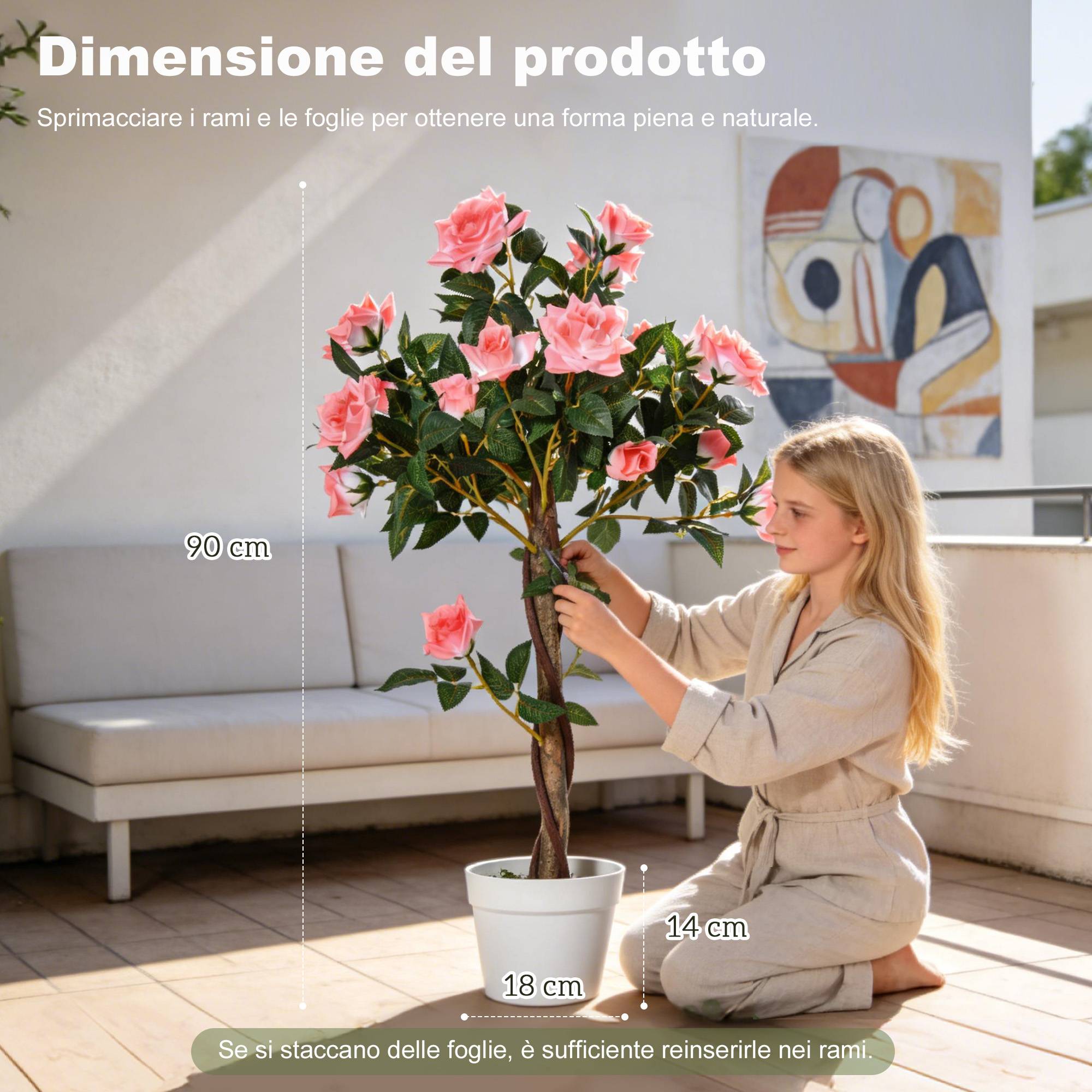 Sans Marque - Rosier artificiel 21 fleurs pot ciment mousse Ø18x90 cm rose - Image 5