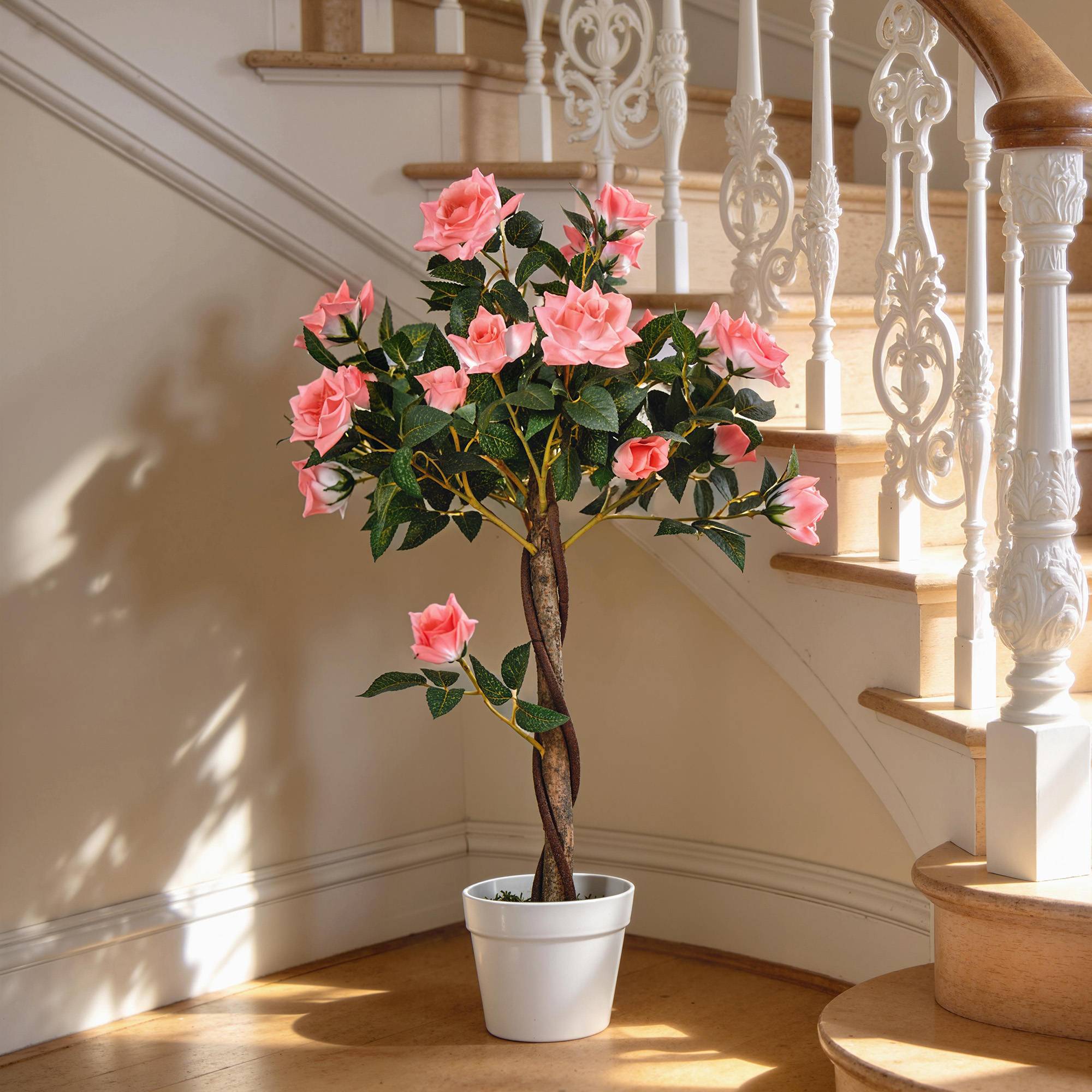 Sans Marque - Rosier artificiel 21 fleurs pot ciment mousse Ø18x90 cm rose - Image 4