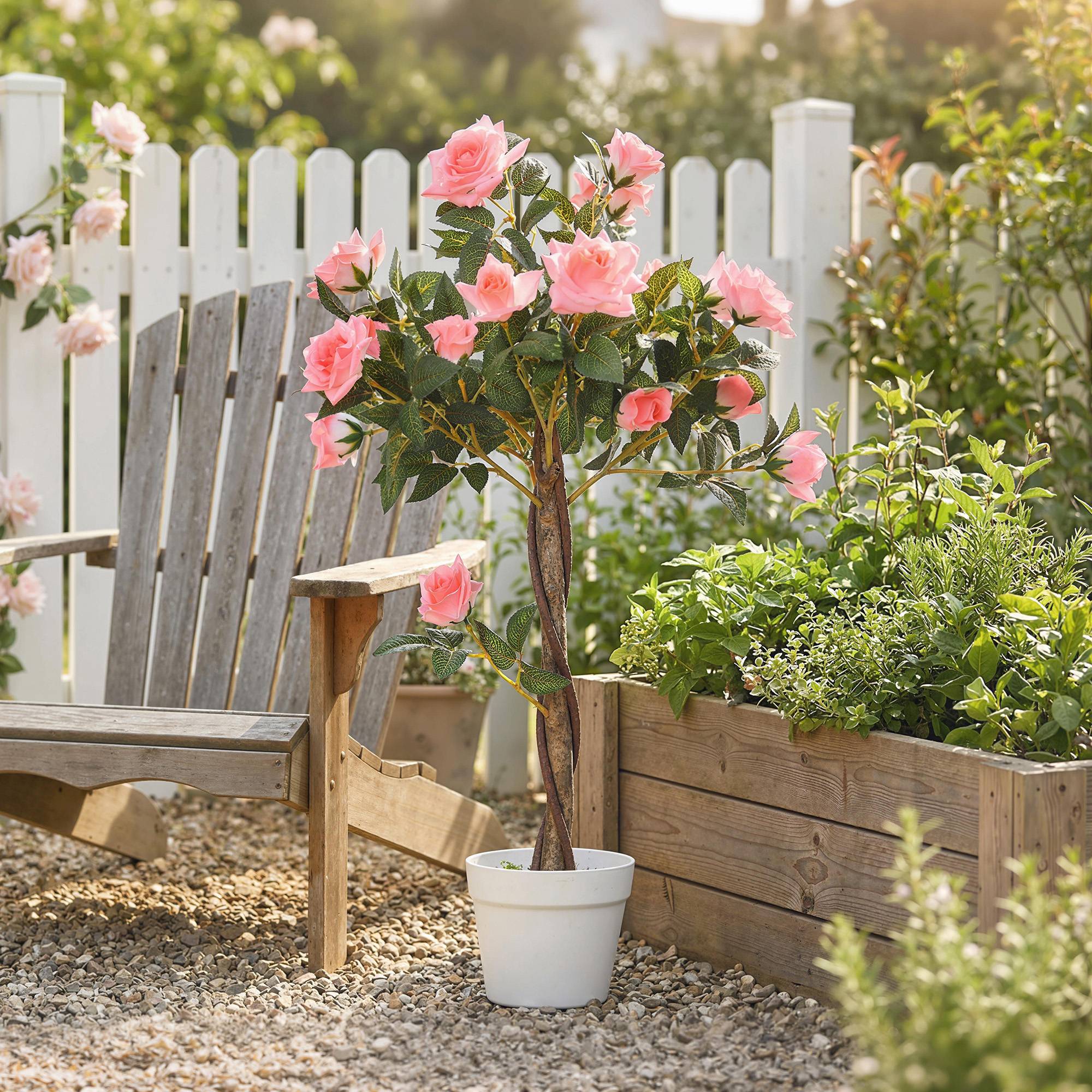 Sans Marque - Rosier artificiel 21 fleurs pot ciment mousse Ø18x90 cm rose - Image 3