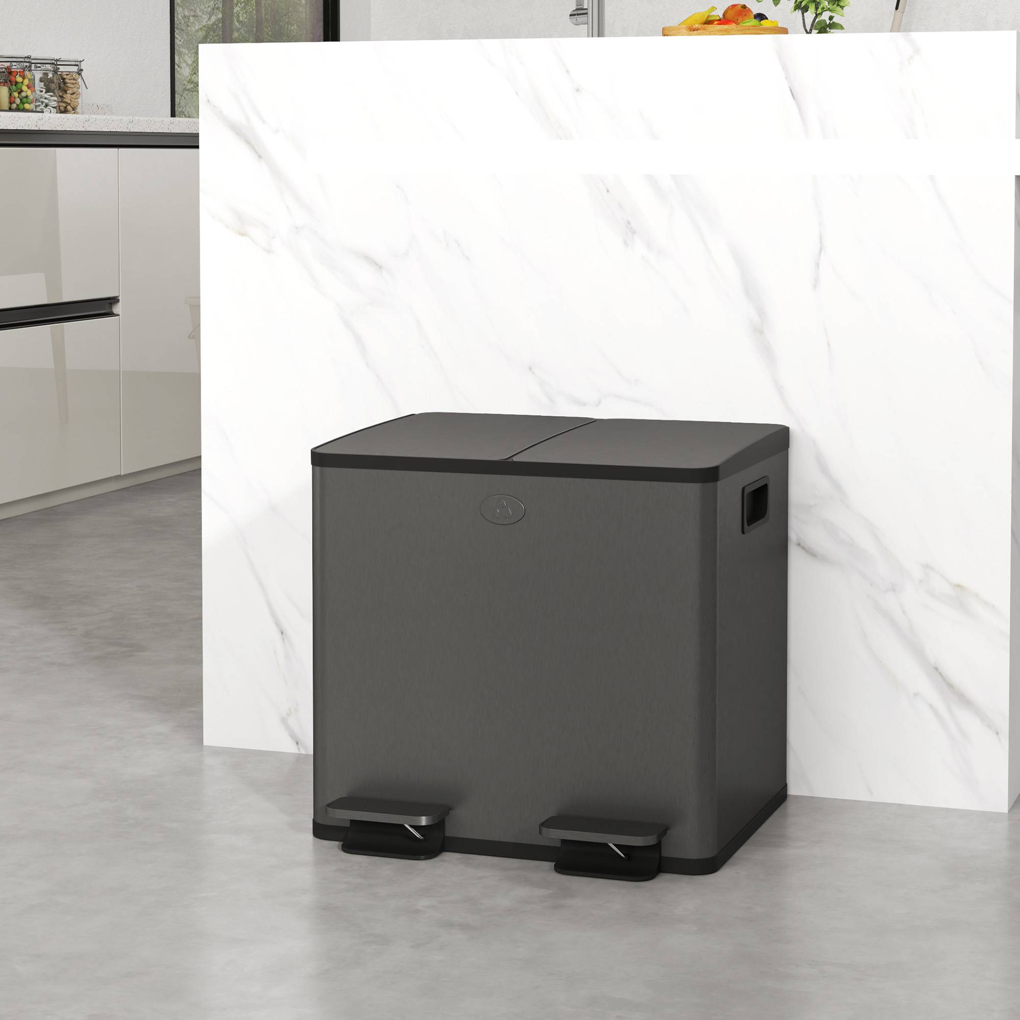 Sans Marque - 2 poubelles doubles 15 L ouverture pédale faciles nettoyer acier inoxydable plastique noires - Image 4