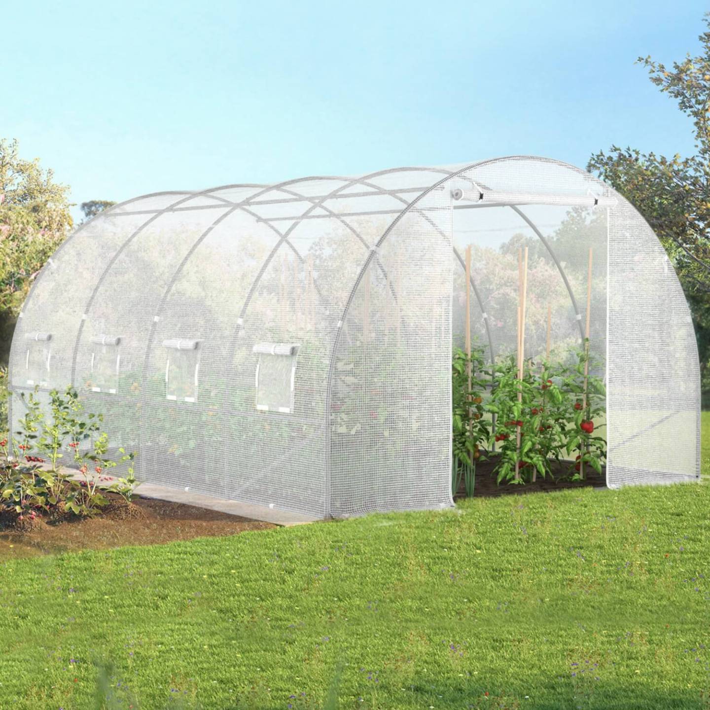 IDMARKET - Serre de jardin tunnel 12m² 4 x 3 x 2 m acier galvanisé + bâche anti-UV avec porte et fenêtres ZEBRA blanche - Image 1