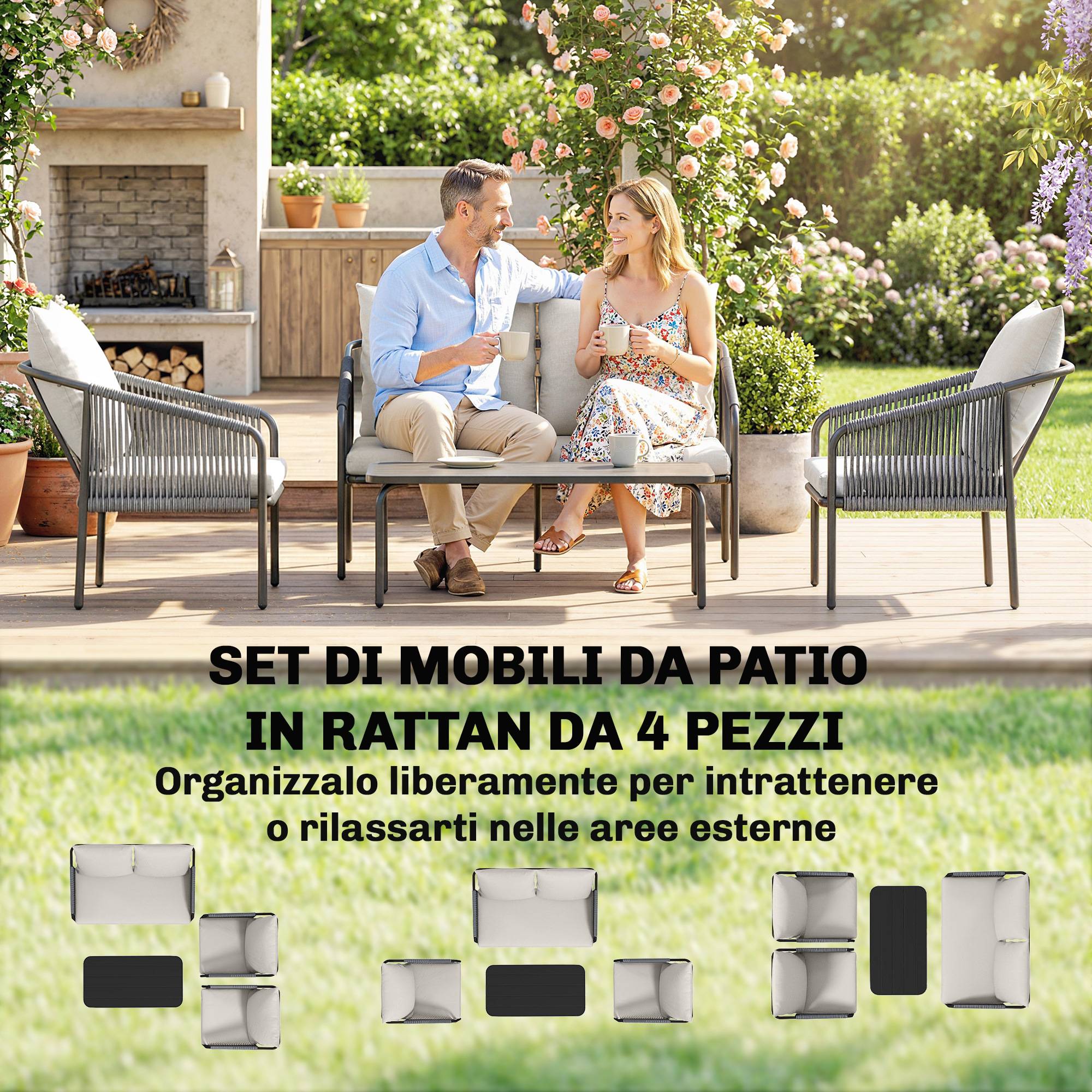 ComfortXL - Salon de Jardin 4 Pièces Résine Tressée Terrasse Extérieur Canapé Fauteuils 118x66x65cm Kaki - ComfortXL Outdoor Living - Image 6
