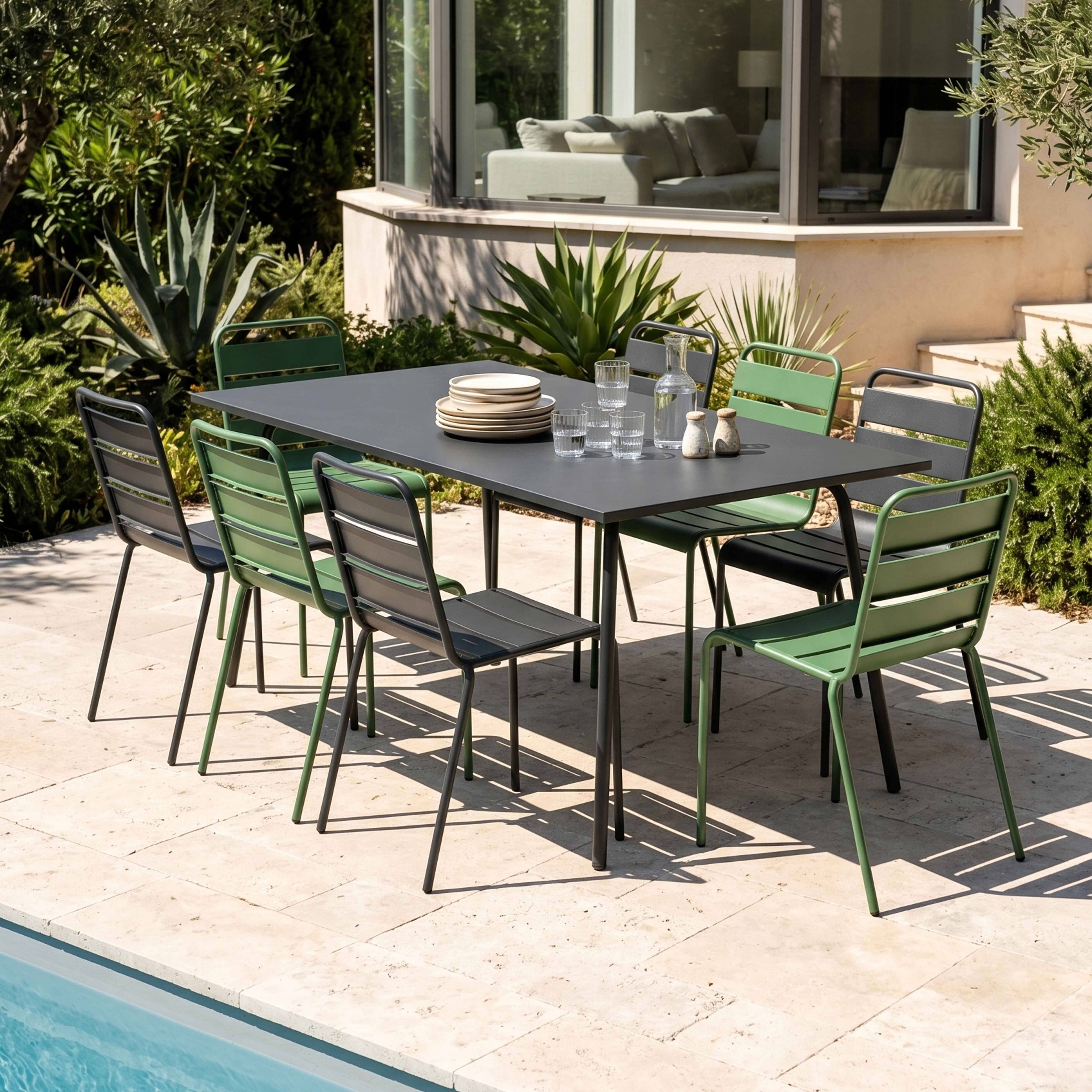 Oviala - Ensemble table de jardin et 8 chaises en métal gris et vert cactus Palavas - Oviala - Image 2