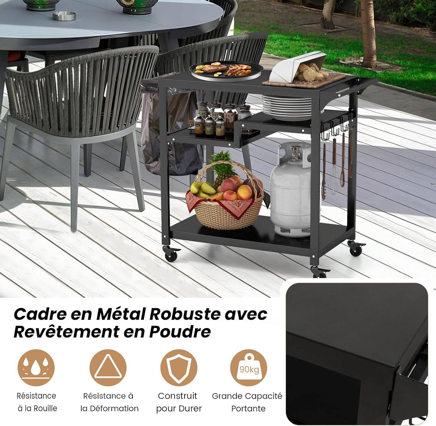 Costway - Chariot de Barbecue d'Extérieur à 3 Étagères, Desserte de Jardin avec 4 Roues Verrouillables Crochets et Poignée Latérale - Image 6