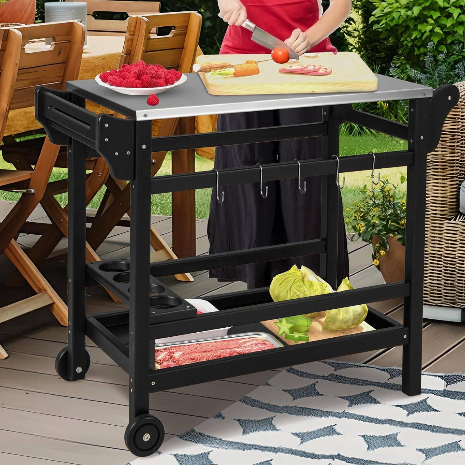 Costway - Chariot de Barbecue d'Extérieur à 3 Étagères, Desserte de Jardin avec 4 Roues Verrouillables Crochets et Poignée Latérale - Image 7