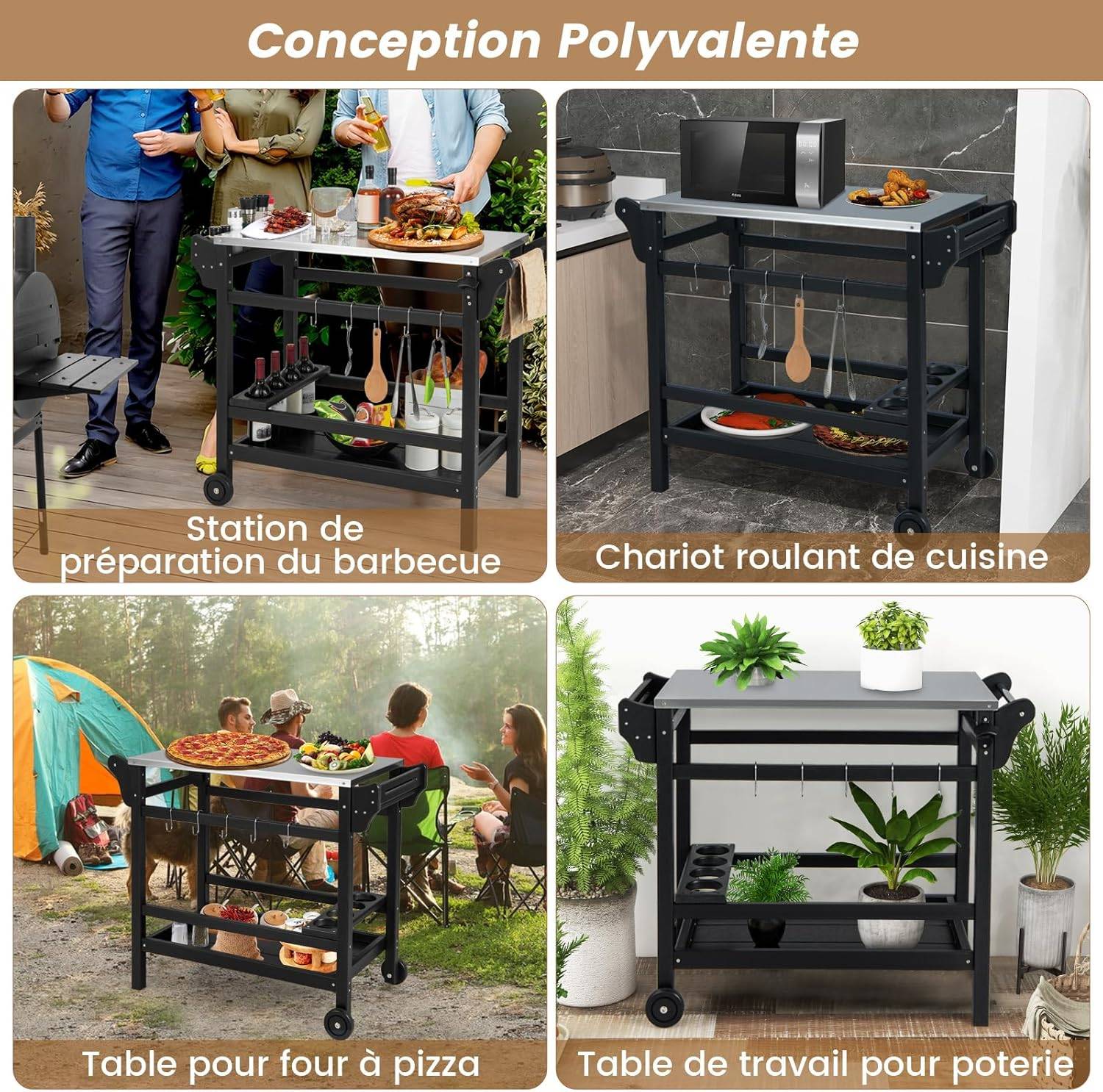 Costway - Chariot de Barbecue d'Extérieur à 3 Étagères, Desserte de Jardin avec 4 Roues Verrouillables Crochets et Poignée Latérale - Image 9