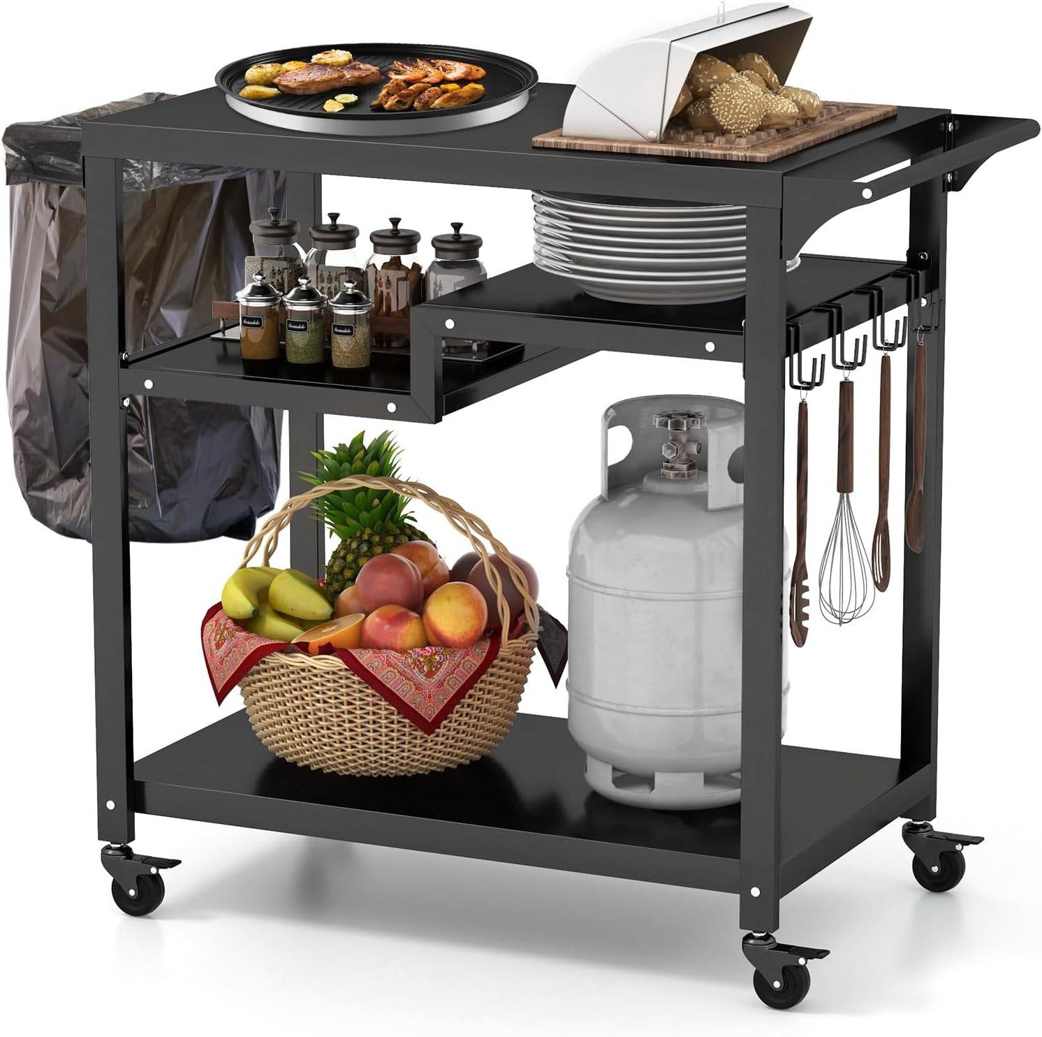 Costway - Chariot de Barbecue d'Extérieur à 3 Étagères, Desserte de Jardin avec 4 Roues Verrouillables Crochets et Poignée Latérale - Image 1