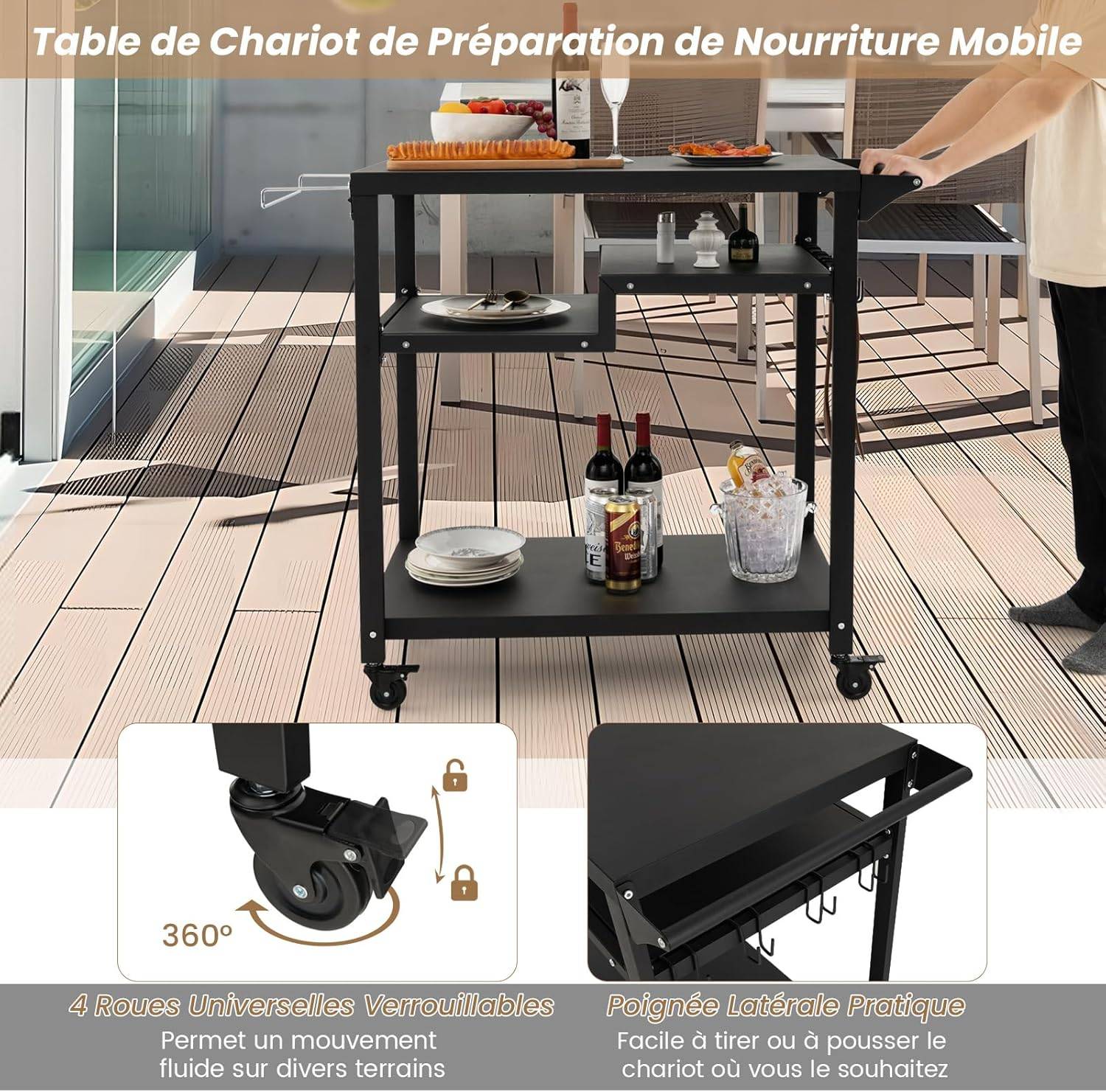 Costway - Chariot de Barbecue d'Extérieur à 3 Étagères, Desserte de Jardin avec 4 Roues Verrouillables Crochets et Poignée Latérale - Image 4