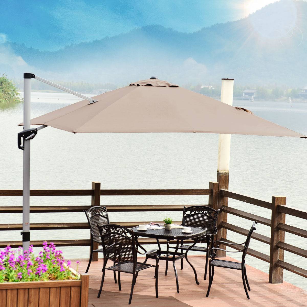 Helloshop26 - Parasol déporté carré 3 m avec base en croix poteau en aluminium rotatif à 360° manivelle inclinable 8 baleines brun - Imagen 2