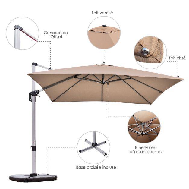 Helloshop26 - Parasol déporté carré 3 m avec base en croix poteau en aluminium rotatif à 360° manivelle inclinable 8 baleines brun - Imagen 4