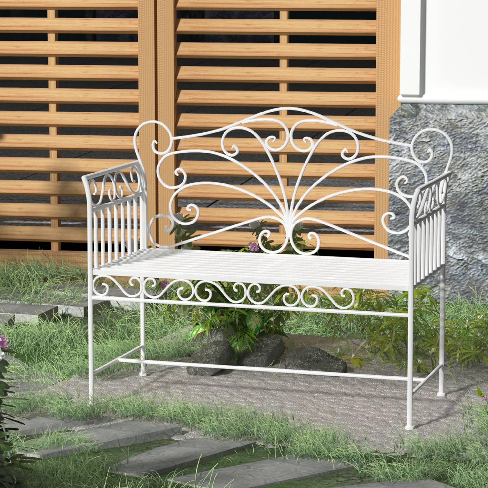 Banc de jardin robuste 2 places, banc de parc antirouille, mobilier de jardin, 111 x 50 x 98 cm, blanc - Image 4
