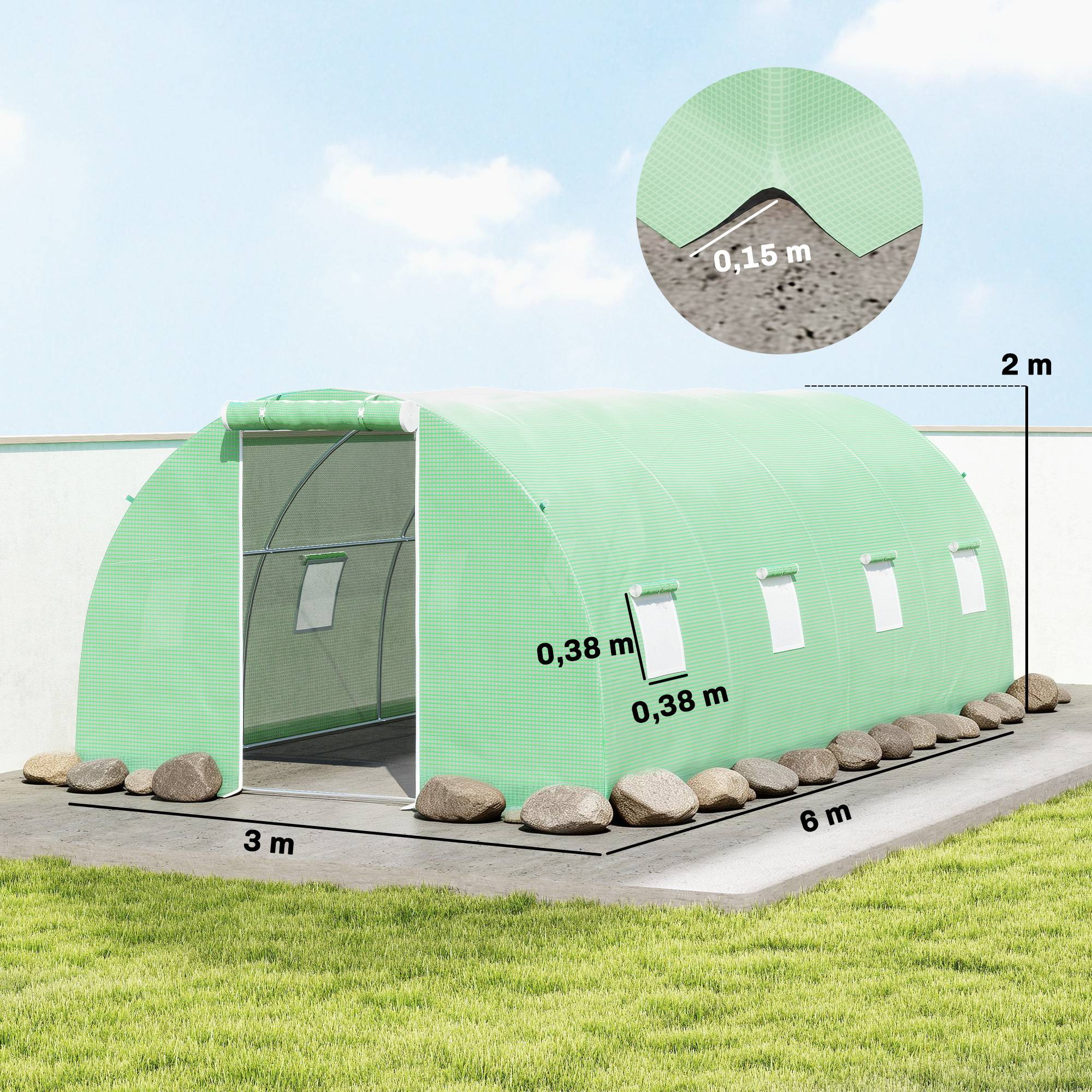 Outsunny - Serre de jardin tunnel 18 m² 8 fenêtres porte zippée châssis acier galvanisé bâche PE - PE - 6x3x2m - vert - Outsunny - Image 1