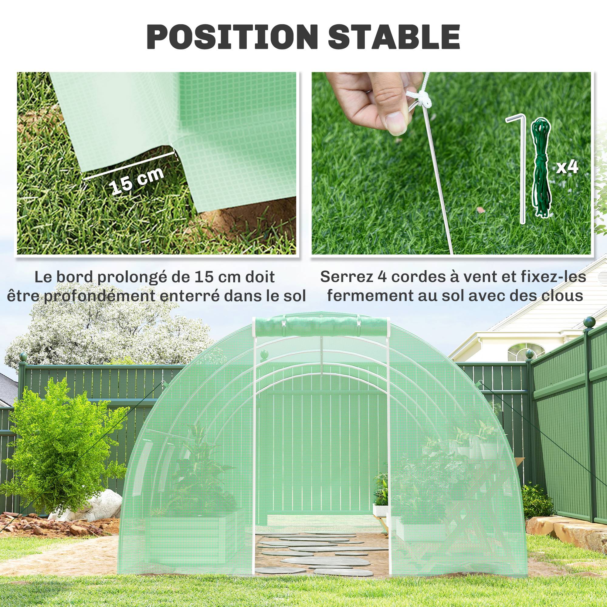 Outsunny - Serre de jardin tunnel 18 m² 8 fenêtres porte zippée châssis acier galvanisé bâche PE - PE - 6x3x2m - vert - Outsunny - Image 3