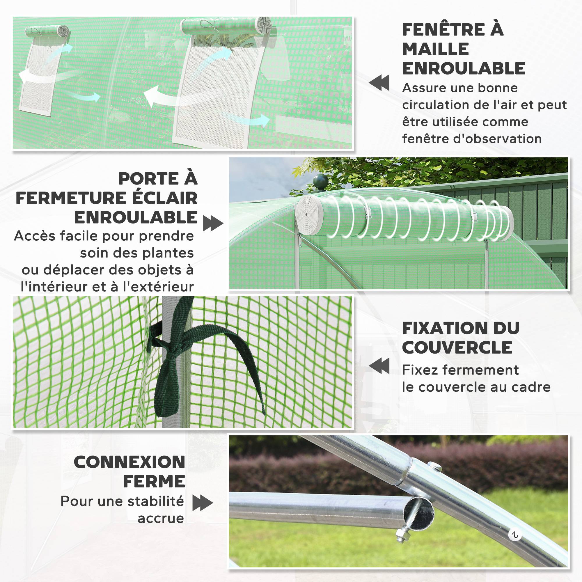 Outsunny - Serre de jardin tunnel 18 m² 8 fenêtres porte zippée châssis acier galvanisé bâche PE - PE - 6x3x2m - vert - Outsunny - Image 5