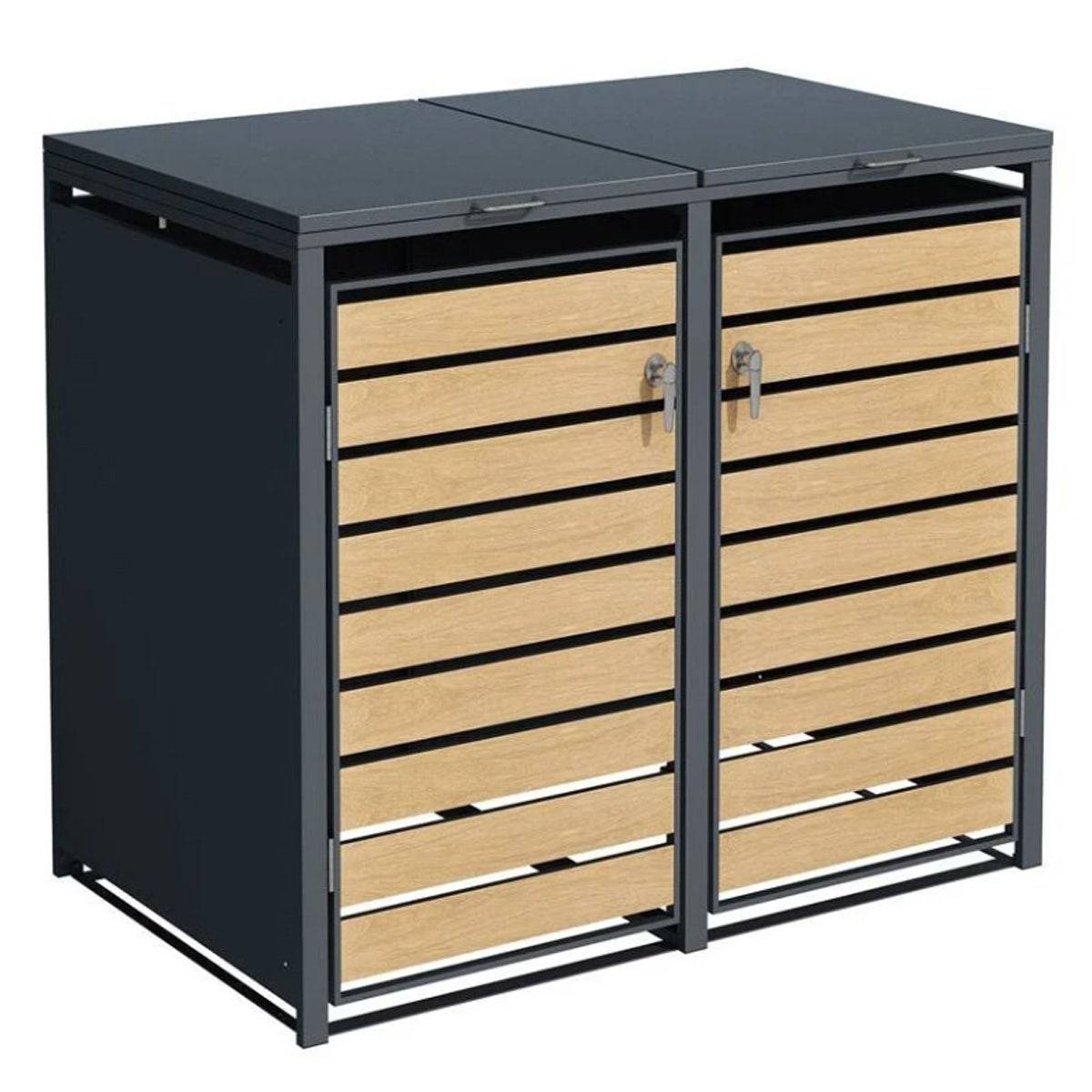 Trigano Jardin - Abri cache poubelle double - 2x 240L - anthracite/ imitation bois en acier - Image 1