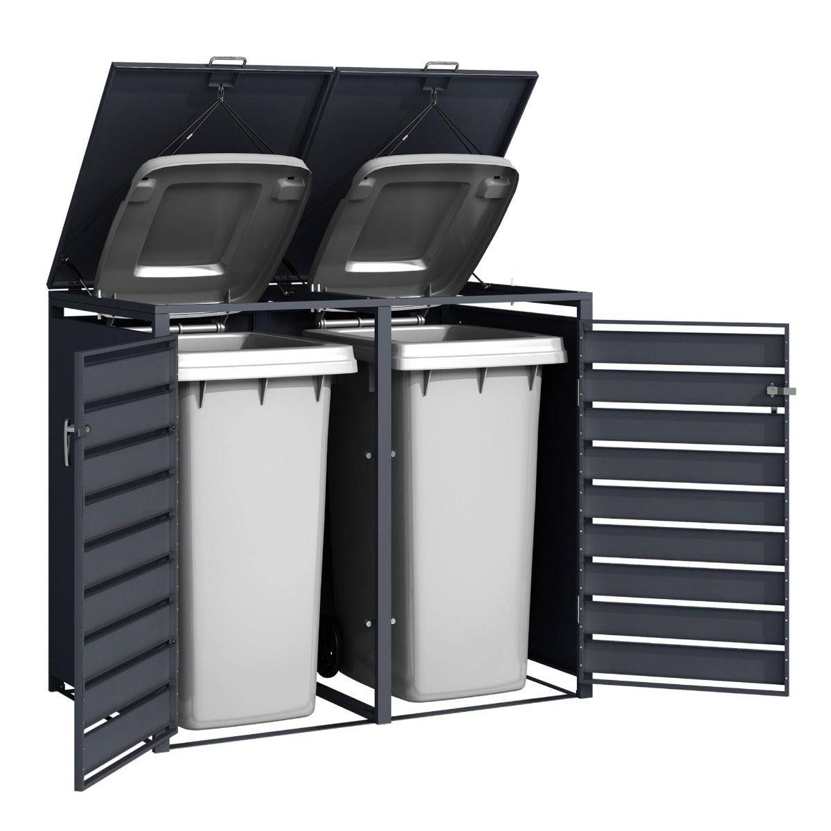 Trigano Jardin - Abri cache poubelle double - 2x 240L - anthracite/ imitation bois en acier - Image 7