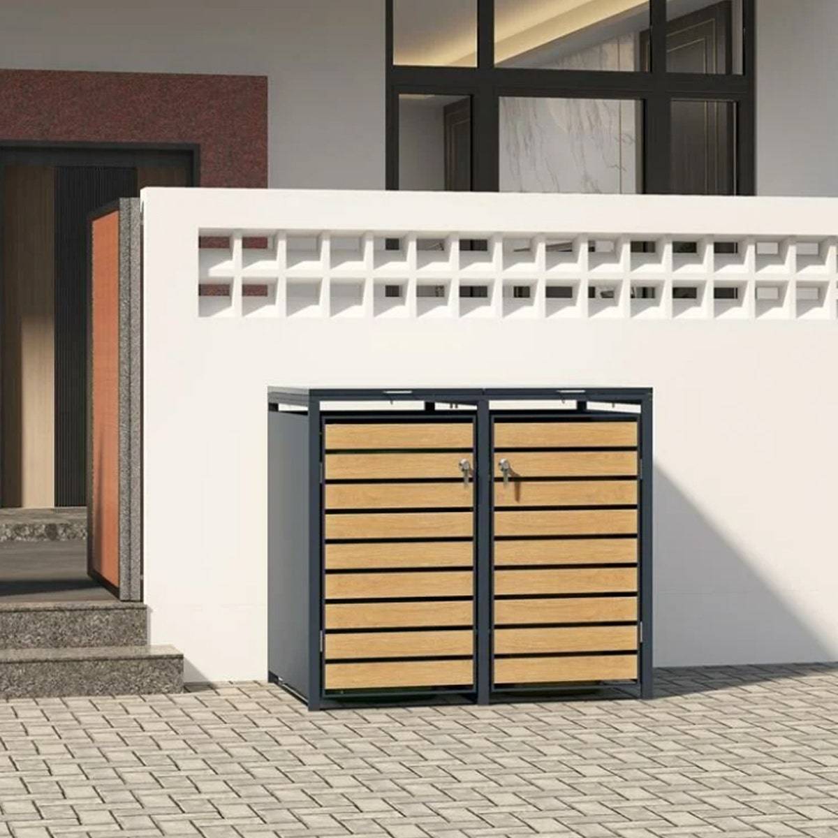 Trigano Jardin - Abri cache poubelle double - 2x 240L - anthracite/ imitation bois en acier - Image 2