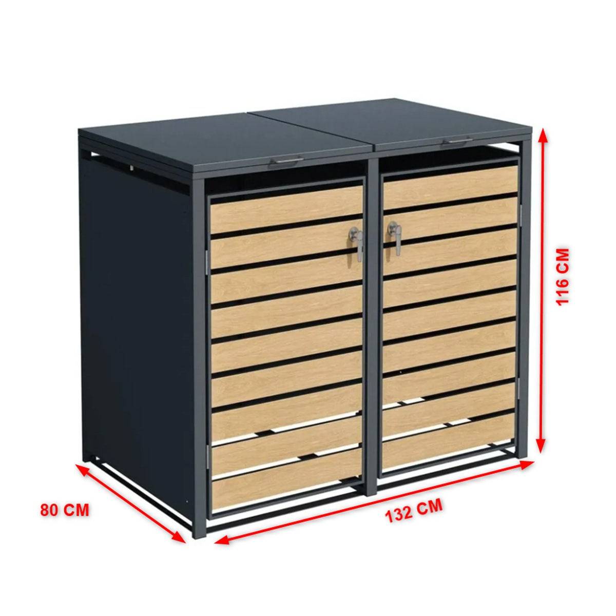 Trigano Jardin - Abri cache poubelle double - 2x 240L - anthracite/ imitation bois en acier - Image 5