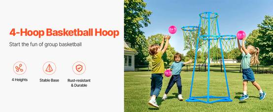 Vevor - VEVOR Panier de basket enfant portable 4 paniers, 4 hauteurs réglables, acier galvanisé, base triangulaire, ballons et pompe inclus - Image 9