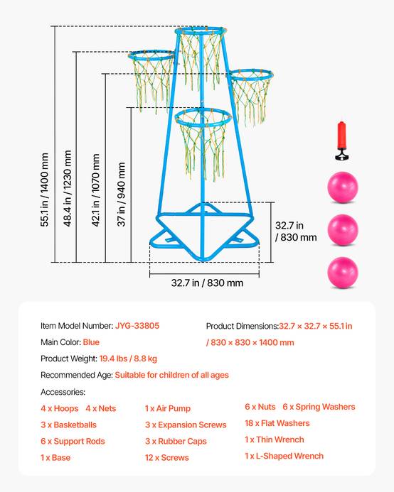 Vevor - VEVOR Panier de basket enfant portable 4 paniers, 4 hauteurs réglables, acier galvanisé, base triangulaire, ballons et pompe inclus - Image 6