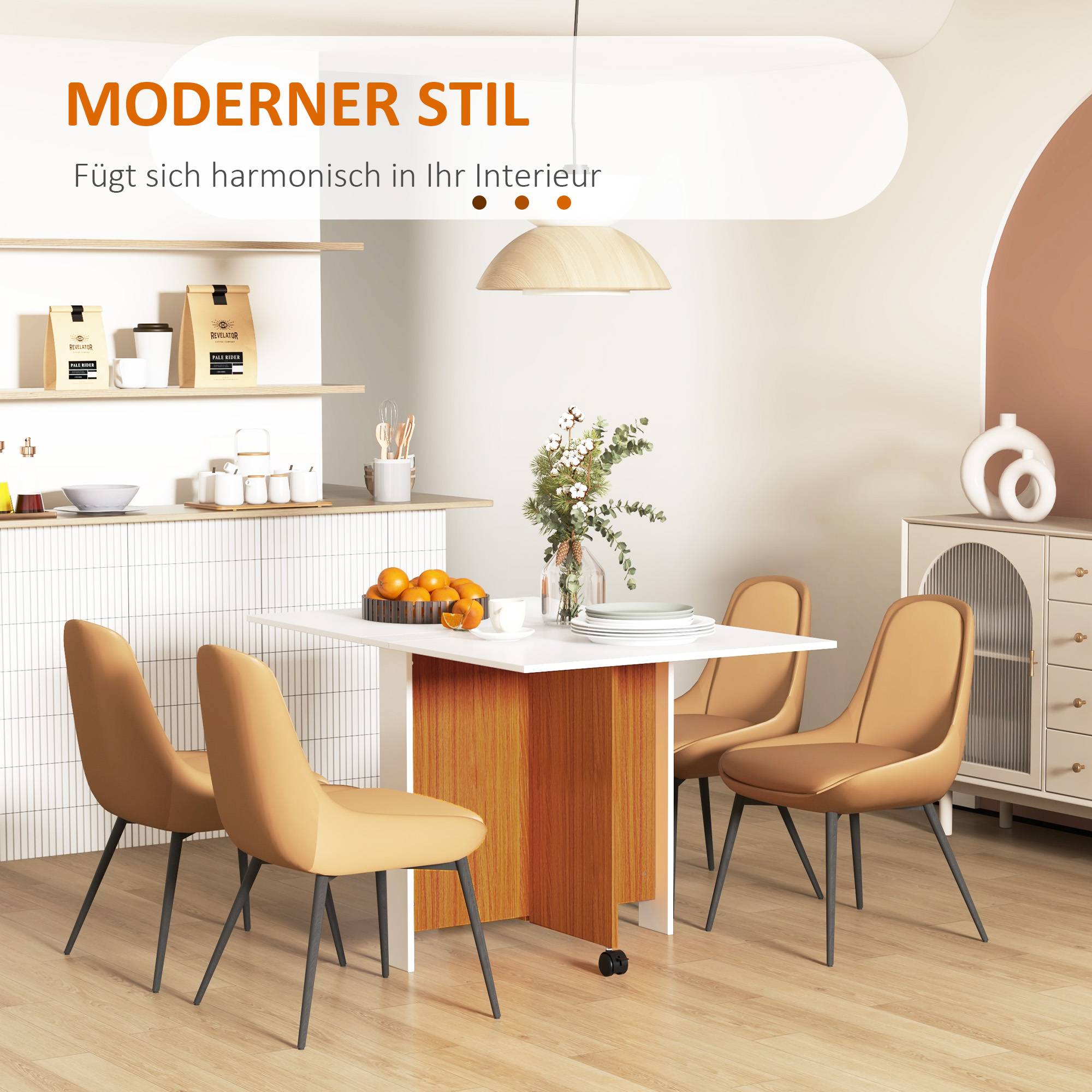 Table de salle à manger extensible, mobile, design moderne, 120 cm x 80 cm x 73 cm, teck et blanc - Image 8