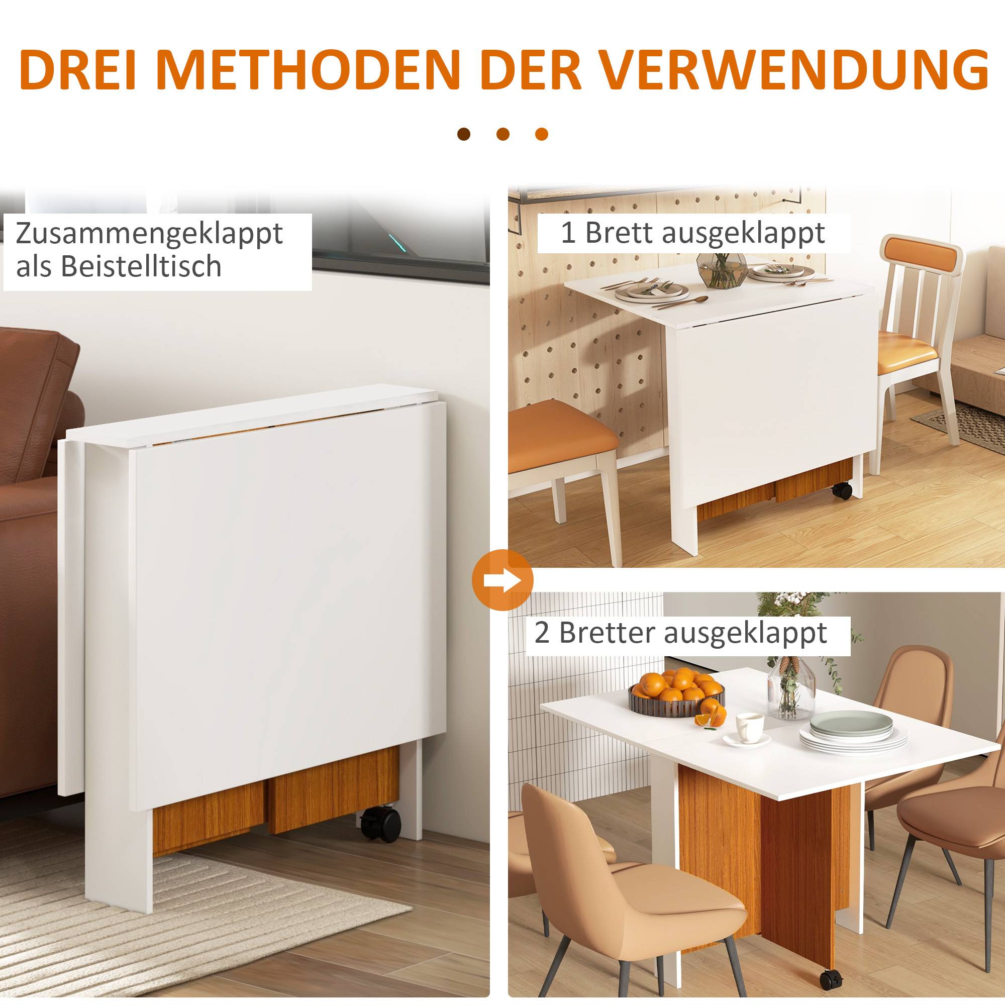 Table de salle à manger extensible, mobile, design moderne, 120 cm x 80 cm x 73 cm, teck et blanc - Image 6