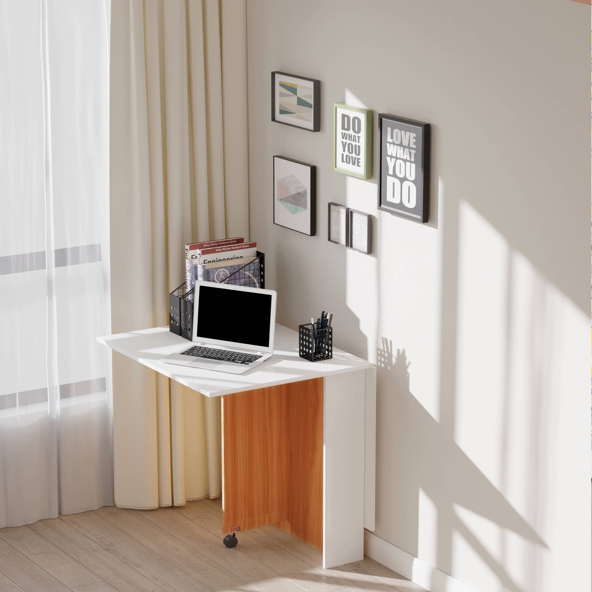 Table de salle à manger extensible, mobile, design moderne, 120 cm x 80 cm x 73 cm, teck et blanc - Image 4