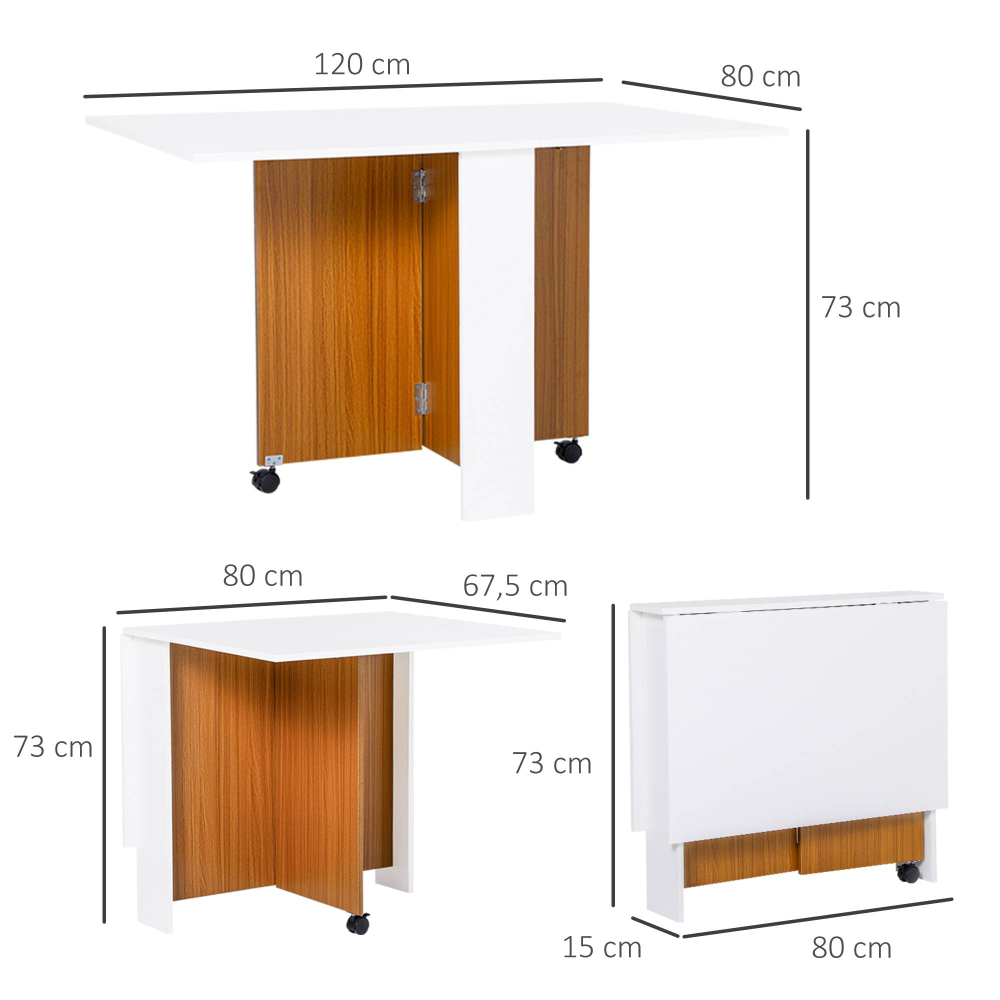 Table de salle à manger extensible, mobile, design moderne, 120 cm x 80 cm x 73 cm, teck et blanc - Image 5