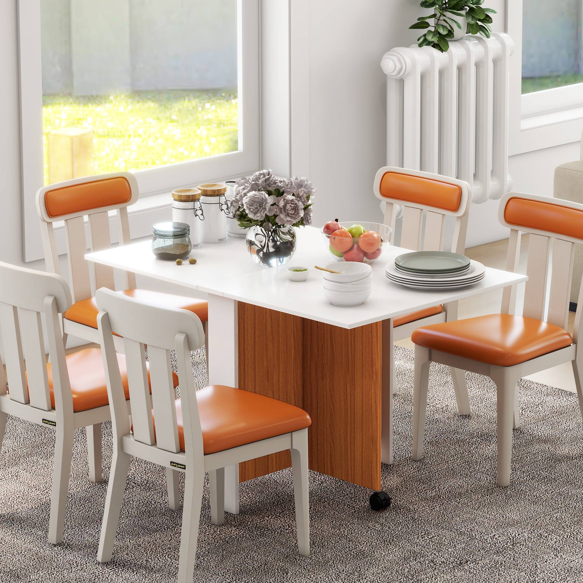 Table de salle à manger extensible, mobile, design moderne, 120 cm x 80 cm x 73 cm, teck et blanc - Image 3
