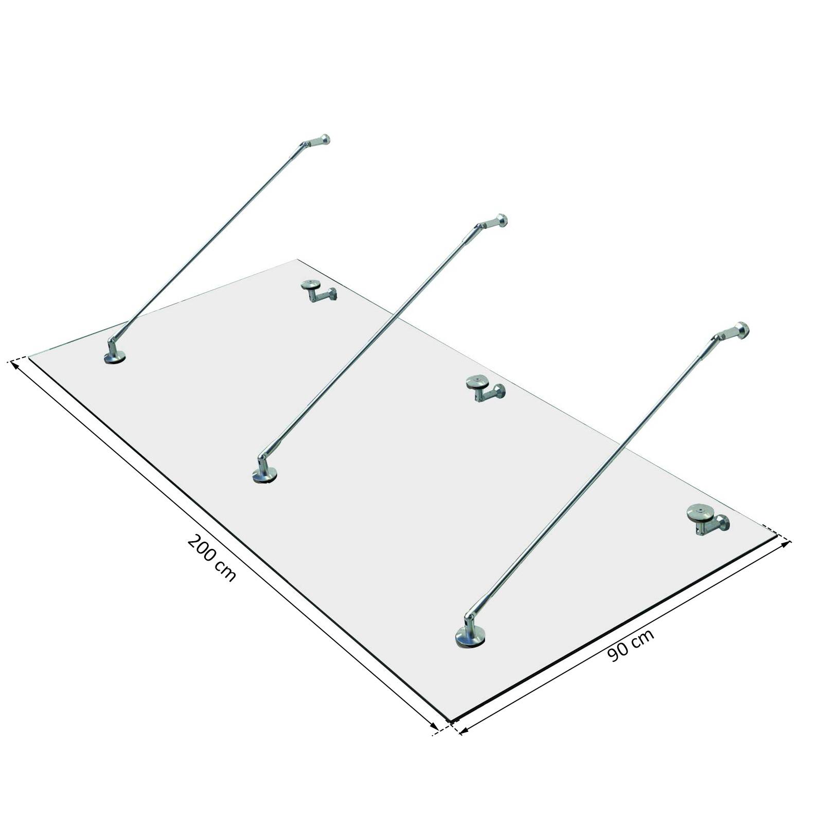 Marquise auvent porte verre trempé acier inoxydable protection pluie 200x90cm transparent - ComfortXL Outdoor Living - Image 5