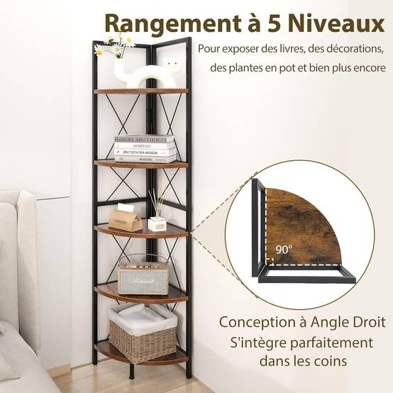 Meuble Étagère d'Angle à 5 Niveaux COSTWAY, Bibliothèque Industrielle Meuble Étagère d'Angle à 5 Niveaux COSTWAY, Bibliothèque Industrielle